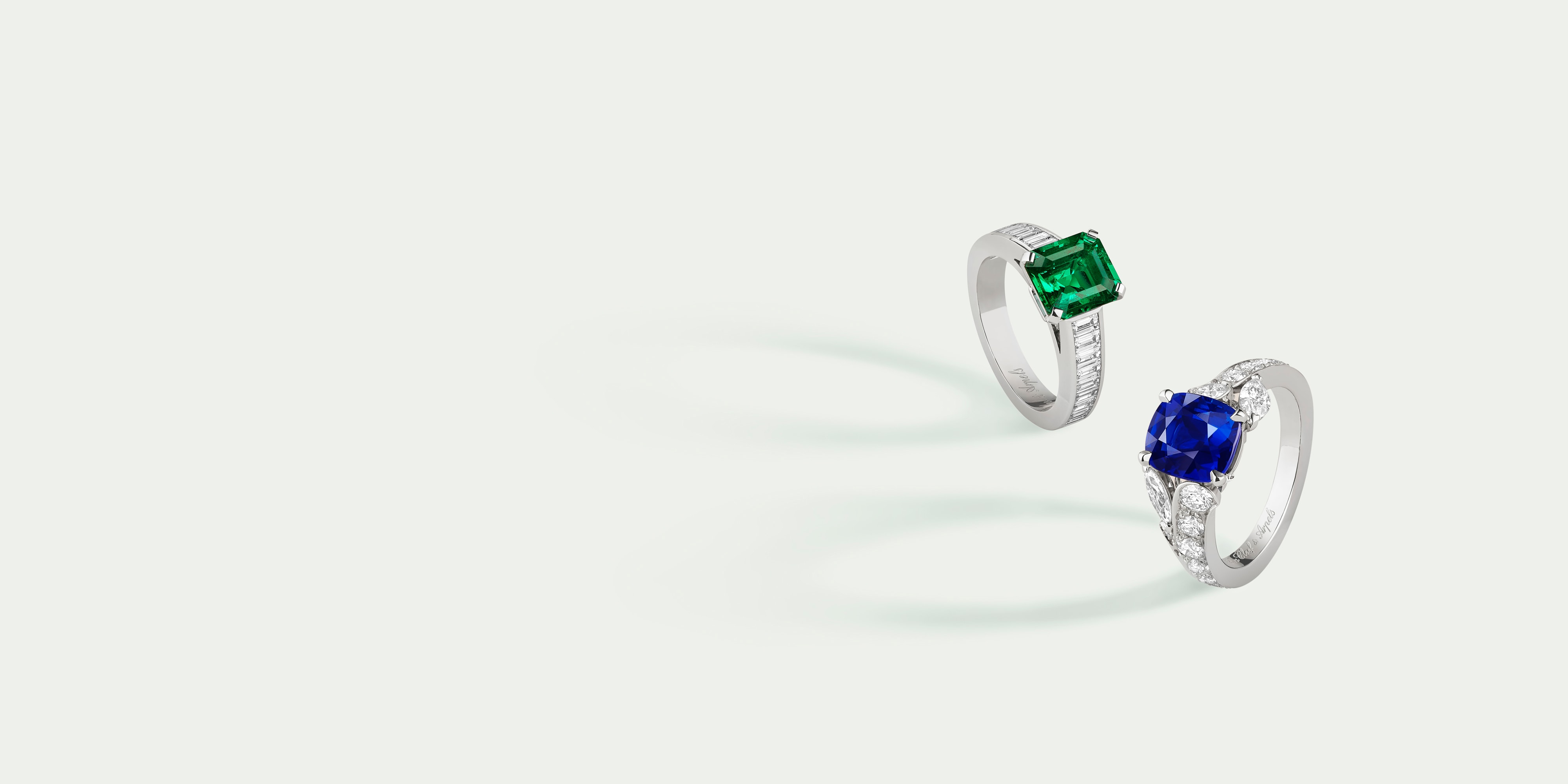 Jasmin单颗宝石戒指，蓝宝石，铂金，1颗4.46克拉的枕形切割蓝宝石，钻石，Menuet单颗宝石戒指，祖母绿，铂金，1颗5.66克拉的祖母绿形切割祖母绿，钻石。高级珠宝单颗宝石戒指，Van Cleef & Arpels梵克雅宝。