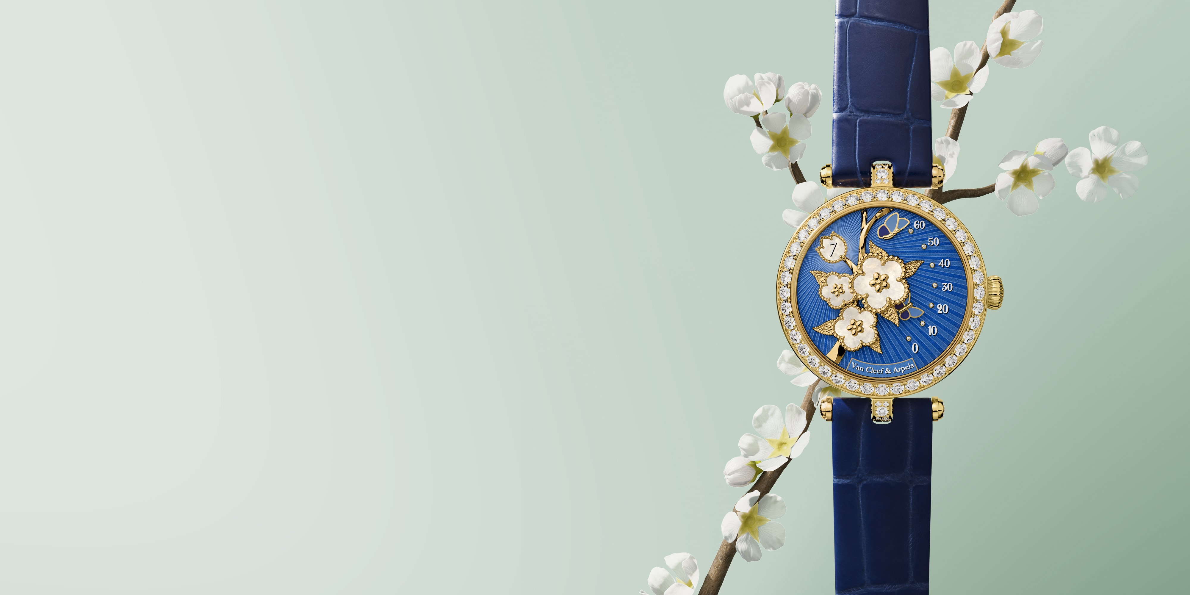 Lady Lucky Spring Butterfly腕表，黄K金，珐琅，白色珍珠母贝，钻石，自动上链机械机芯，搭载跳时和逆跳分钟功能。Poetic Complications诗意复杂功能腕表系列，Van Cleef & Arpels梵克雅宝。