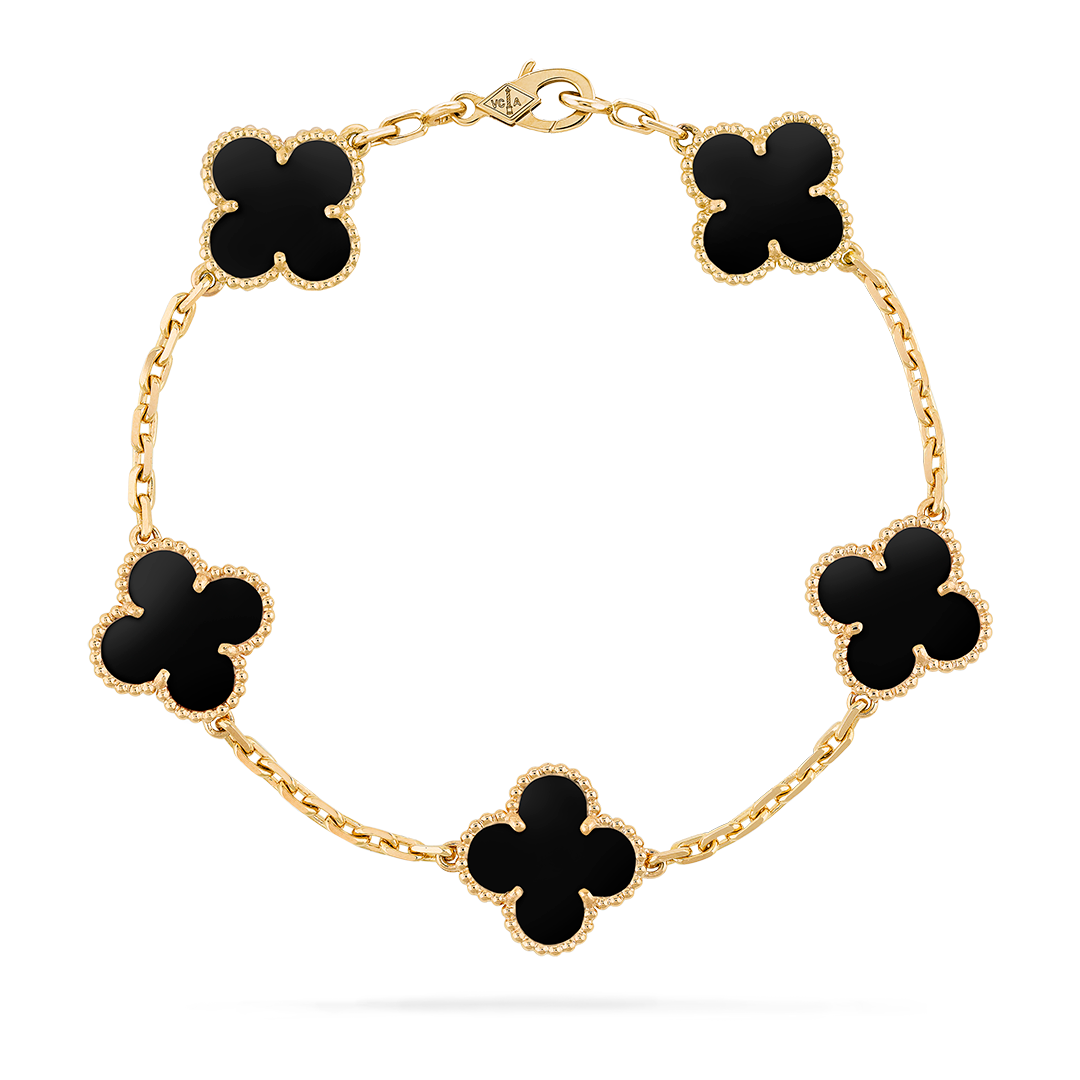 Vintage Alhambra bracelet, 5 motifs, 18K yellow gold, onyx. Alhambra® collection, Van Cleef & Arpels.