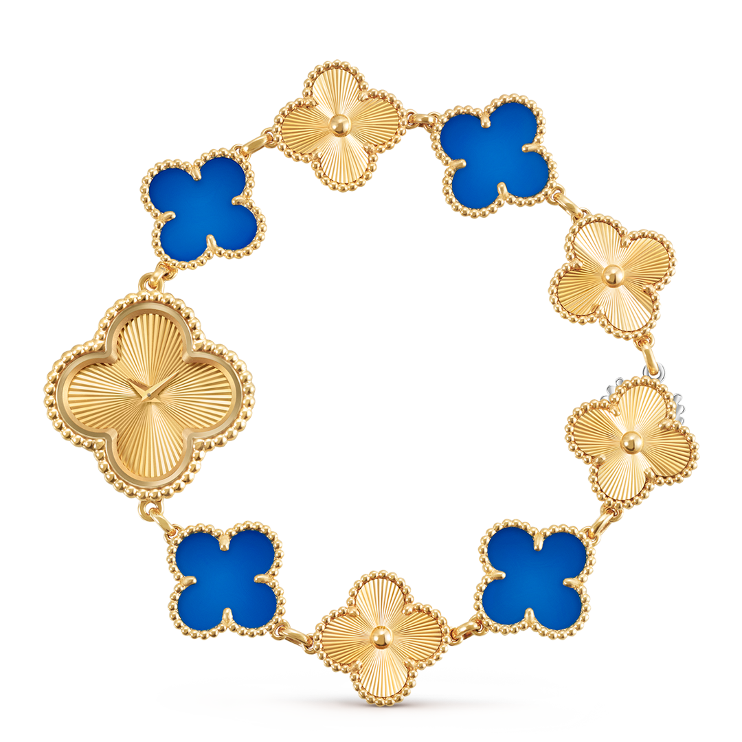 Sweet Alhambra腕表，黄K金，玛瑙，瑞士石英机芯。Alhambra®系列，Van Cleef & Arpels梵克雅宝。