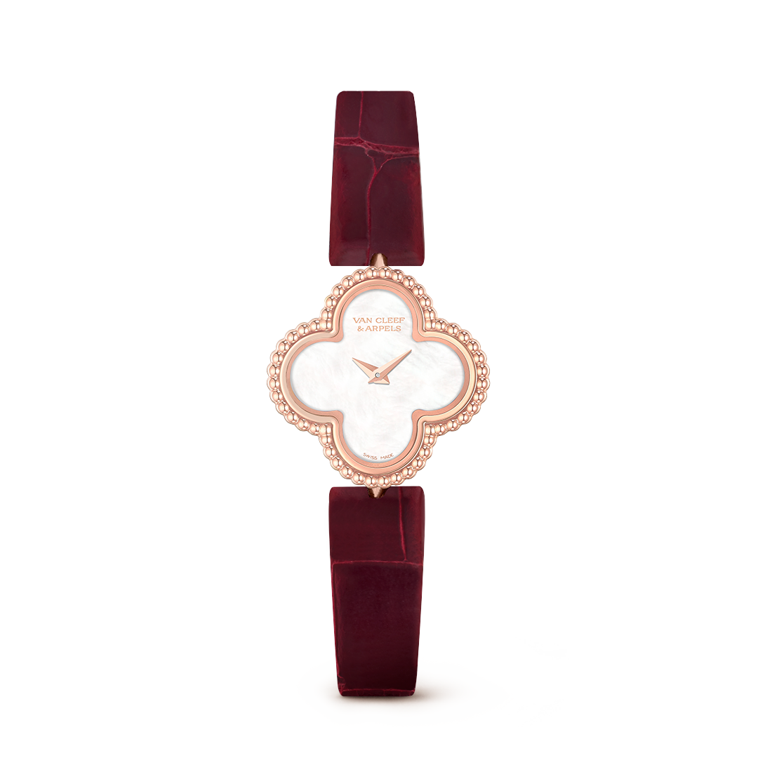 Sweet Alhambra watch, 18K rose gold, white mother-of-pearl, quartz movement. Alhambra collection, Van Cleef & Arpels.