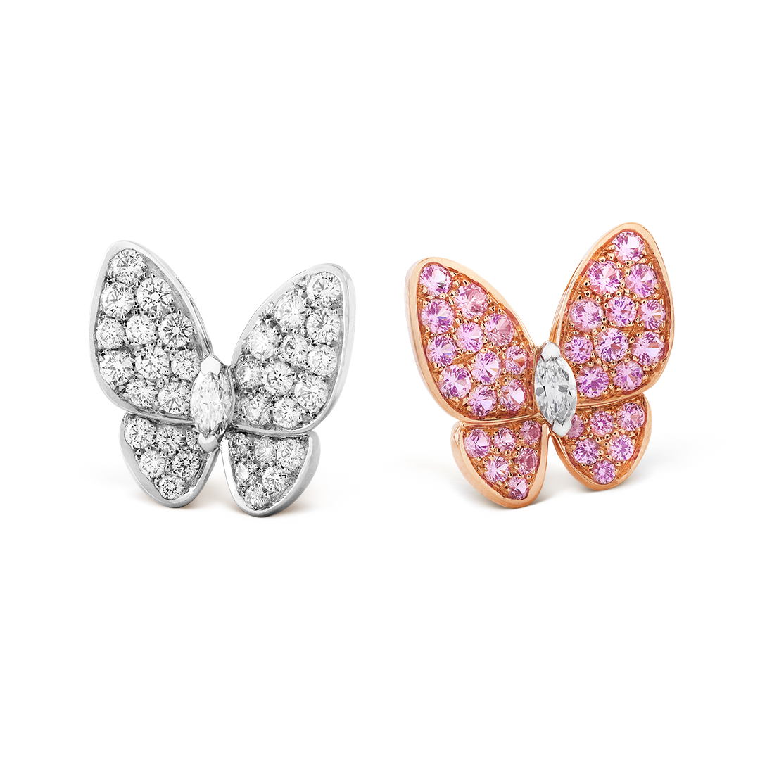 Two Butterfly耳环，玫瑰金，粉色蓝宝石，镀铑白K金，钻石。Two Butterfly系列，Van Cleef & Arpels梵克雅宝。