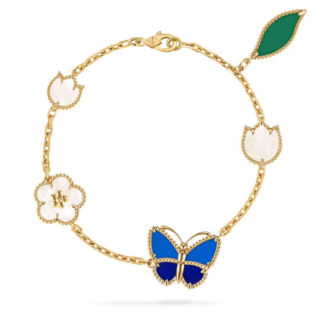 Lucky Spring Butterfly手链，5枚主题图案，黄K金，青金石，蓝色和绿色玛瑙，白色珍珠母贝。Lucky Spring®系列，Van Cleef & Arpels梵克雅宝。