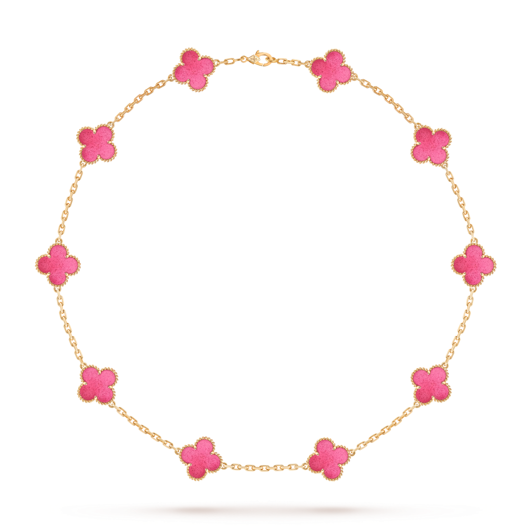 Vintage Alhambra项链，10枚四叶幸运图案，黄K金，粉红色珐琅。Alhambra®四叶幸运系列，Van Cleef & Arpels梵克雅宝。