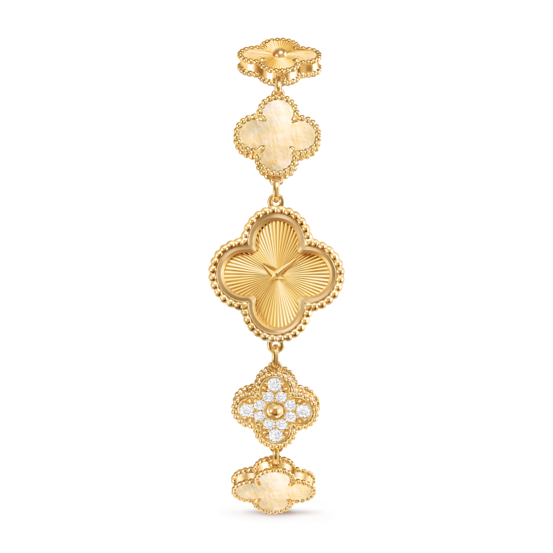 Sweet Alhambra腕表，玫瑰金，白色珍珠母贝，石英机芯。Alhambra四叶幸运系列，Van Cleef & Arpels梵克雅宝。