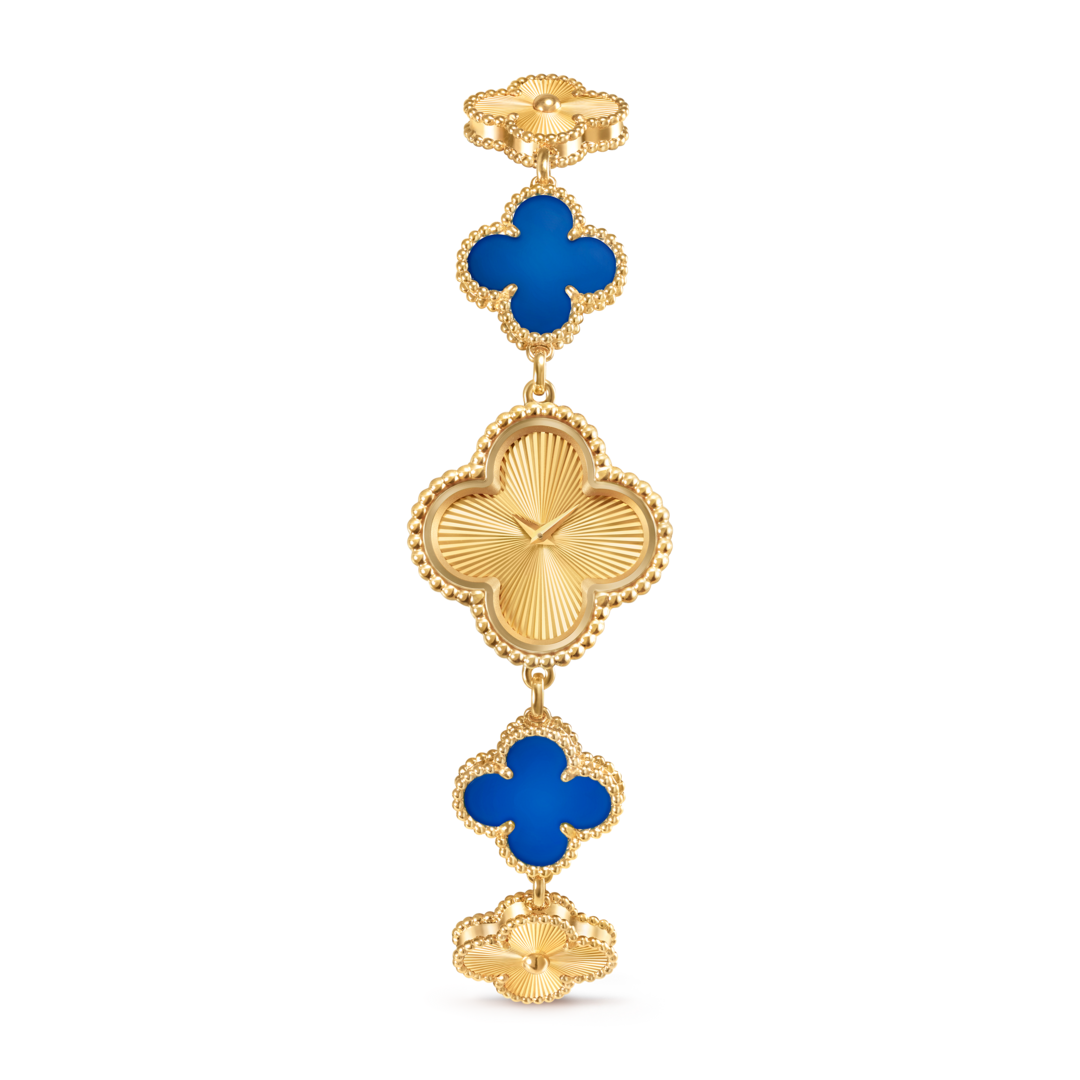 Sweet Alhambra watch, 18K yellow gold, blue agate, Swiss quartz movement.  Alhambra® collection, Van Cleef & Arpels.