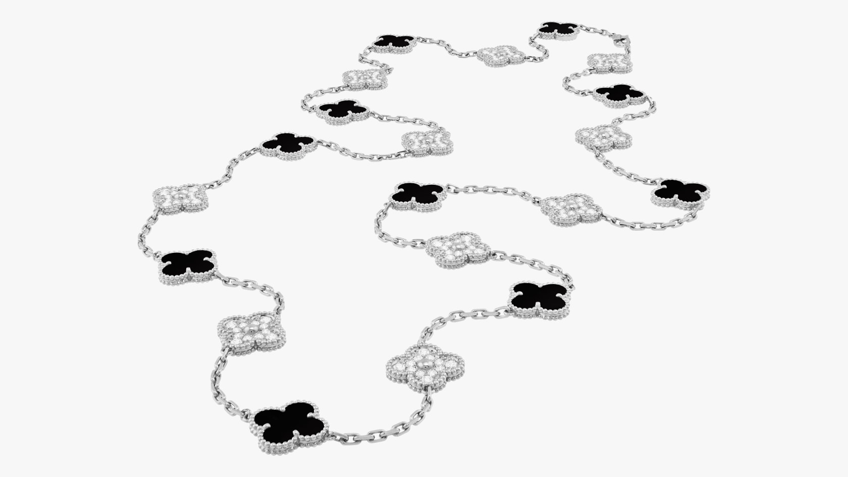 Vintage Alhambra long necklace, 20 motifs, white gold, onyx, diamonds, Van Cleef & Arpels