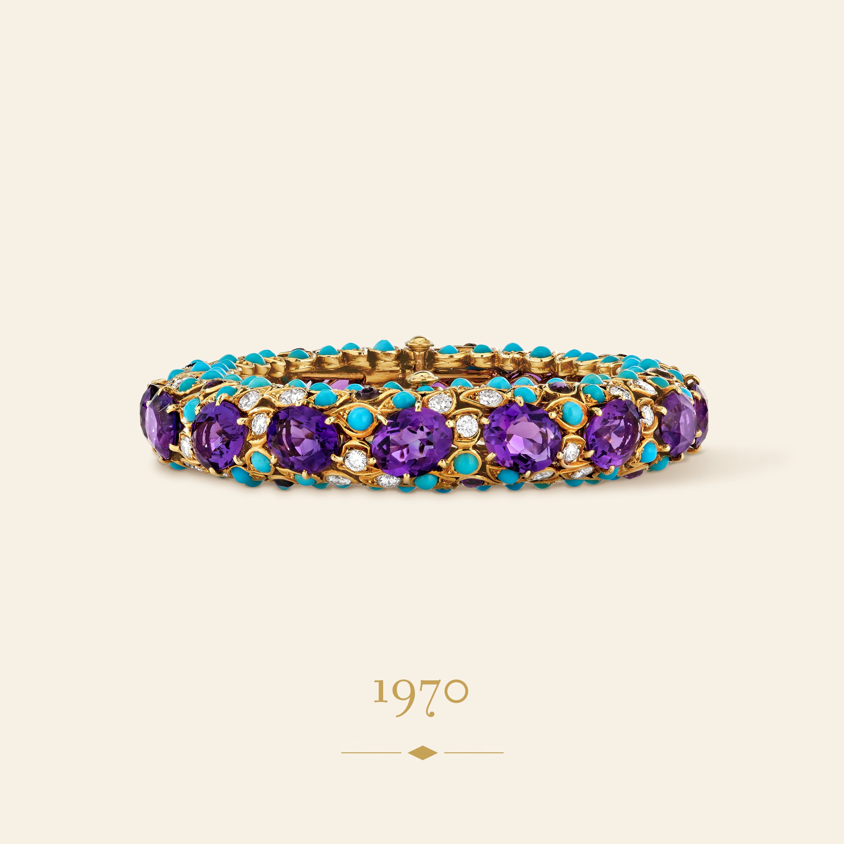 Chinon bracelet, 1970. Yellow gold, amethysts, turquoise, diamonds. Van Cleef & Arpels Collection
