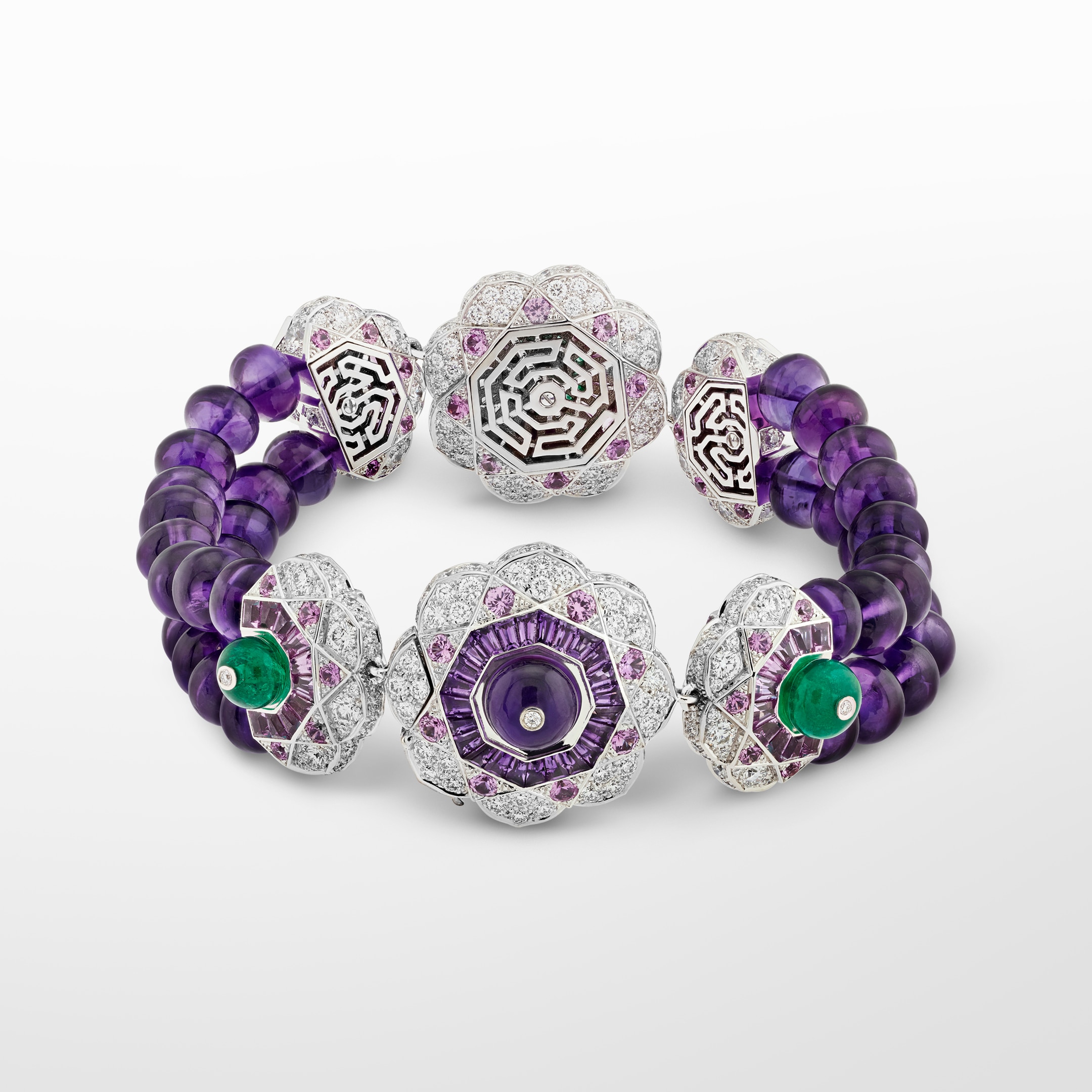 Delphinium transformable long necklace. 18K white gold, platinum, one emerald-cut emerald of 5.26 carats (Zambia), pink sapphires, emeralds, amethysts, diamonds. Le Secret collection, 2017.