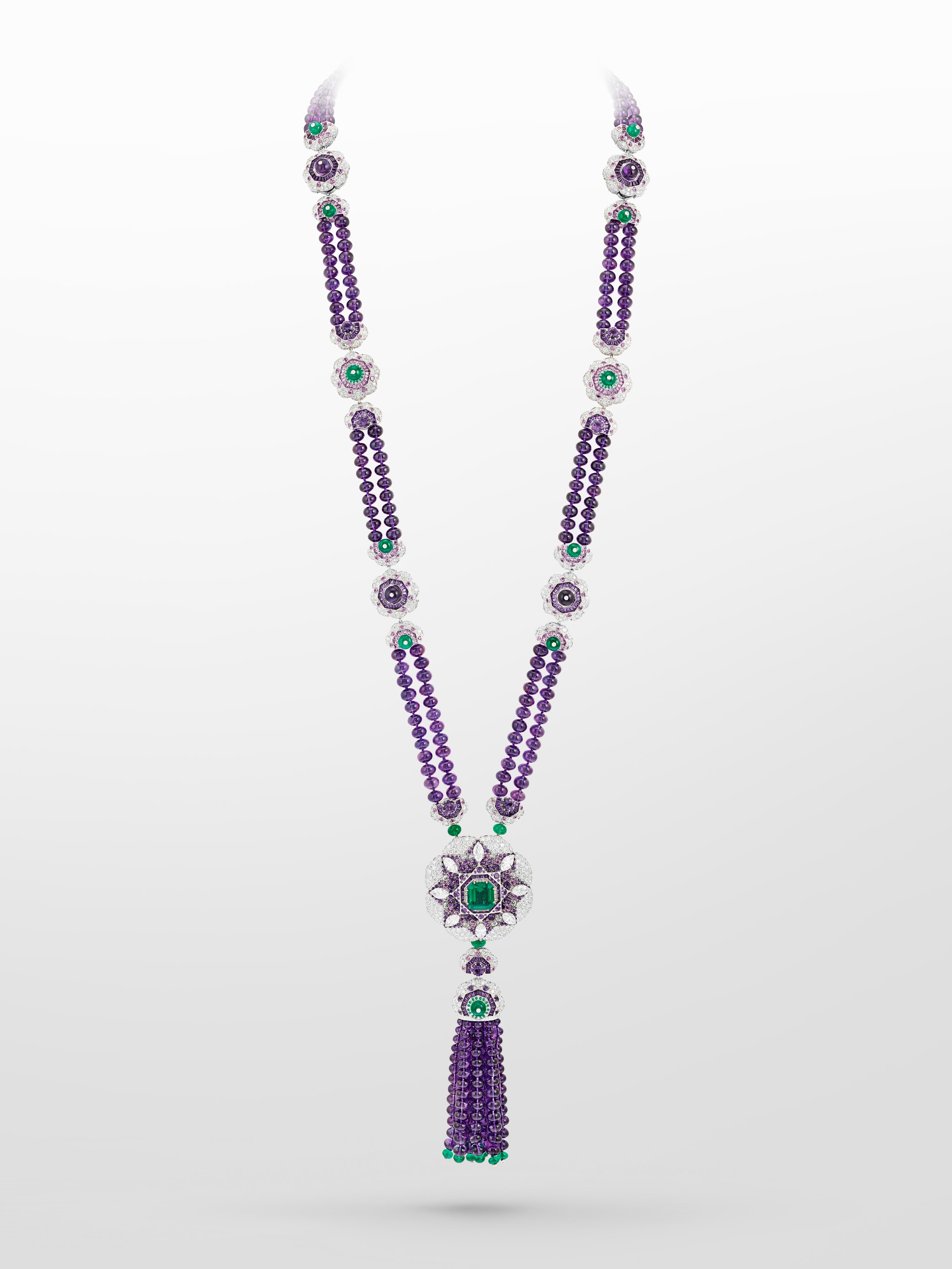 Delphinium transformable long necklace. 18K white gold, platinum, one emerald-cut emerald of 5.26 carats (Zambia), pink sapphires, emeralds, amethysts, diamonds. Le Secret collection, 2017.