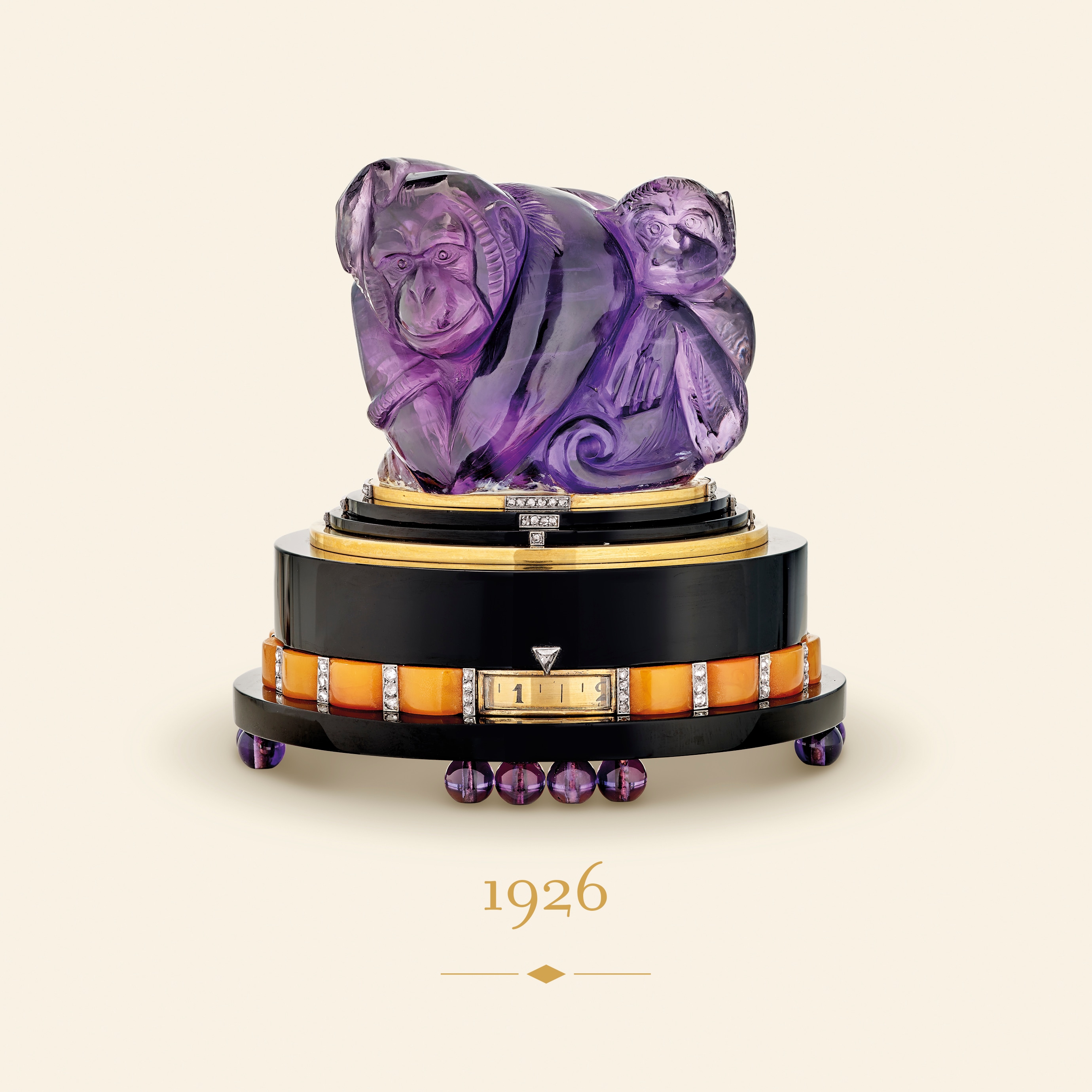 Clock, 1926. Platinum, yellow gold, amethysts, onyx, amber, diamonds. Van Cleef & Arpels Collection