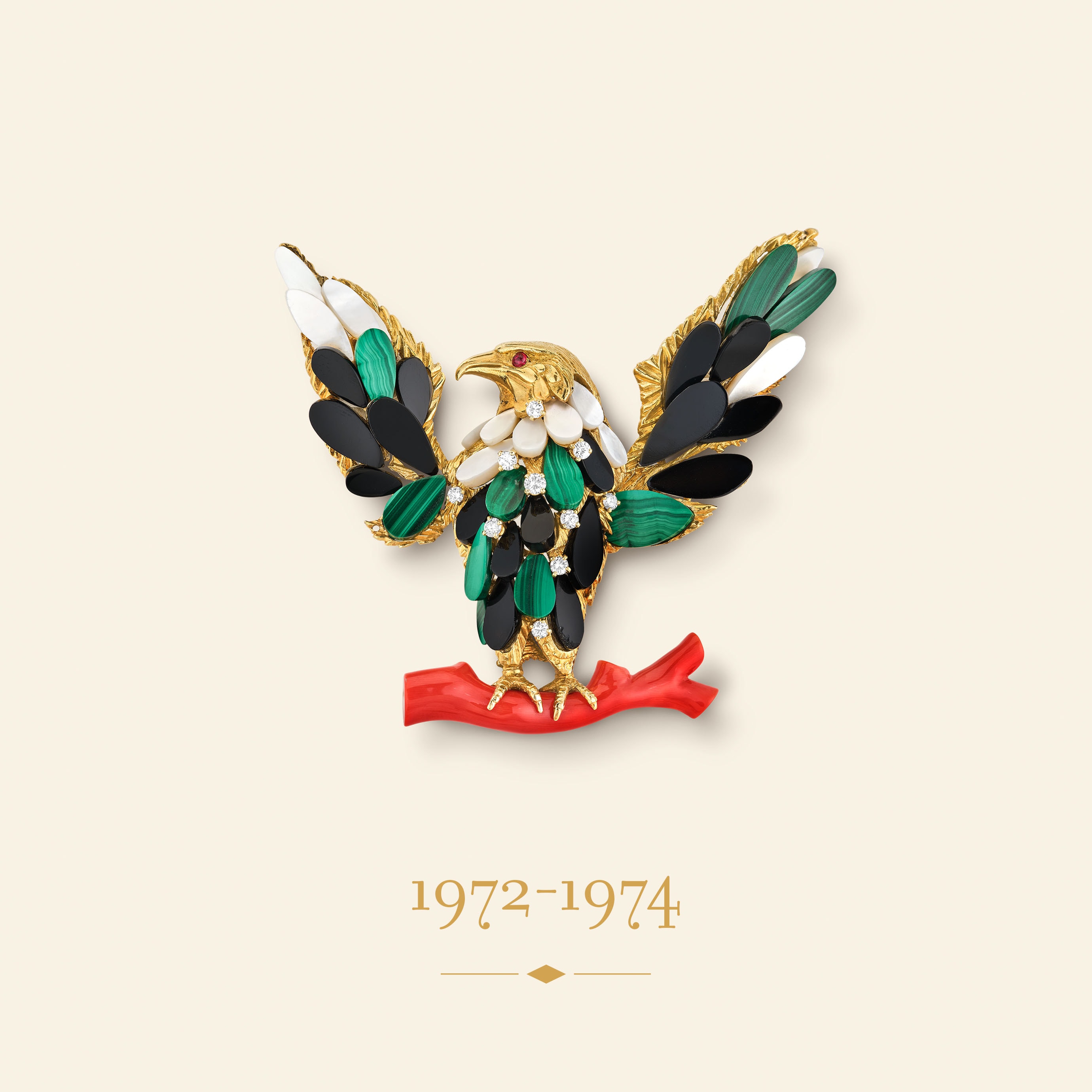 Eagle clip, 1972-1974​. Yellow gold, white gold, rose gold, ruby, malachite, onyx, coral, white mother-of-pearl, diamonds​. Van Cleef & Arpels Collection.