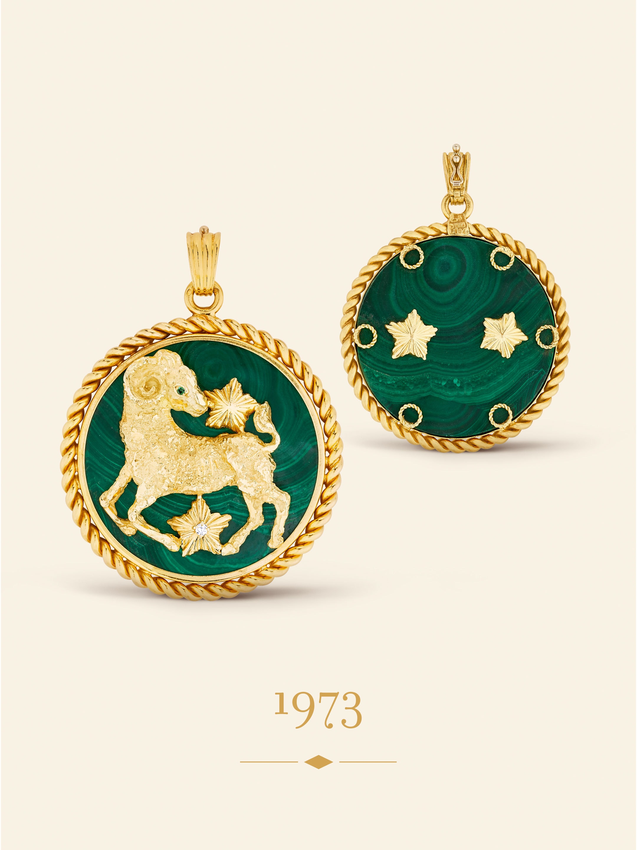 Aries Zodiac pendant, 1973​. Yellow gold, emerald, malachite, diamond​. Van Cleef & Arpels Collection.