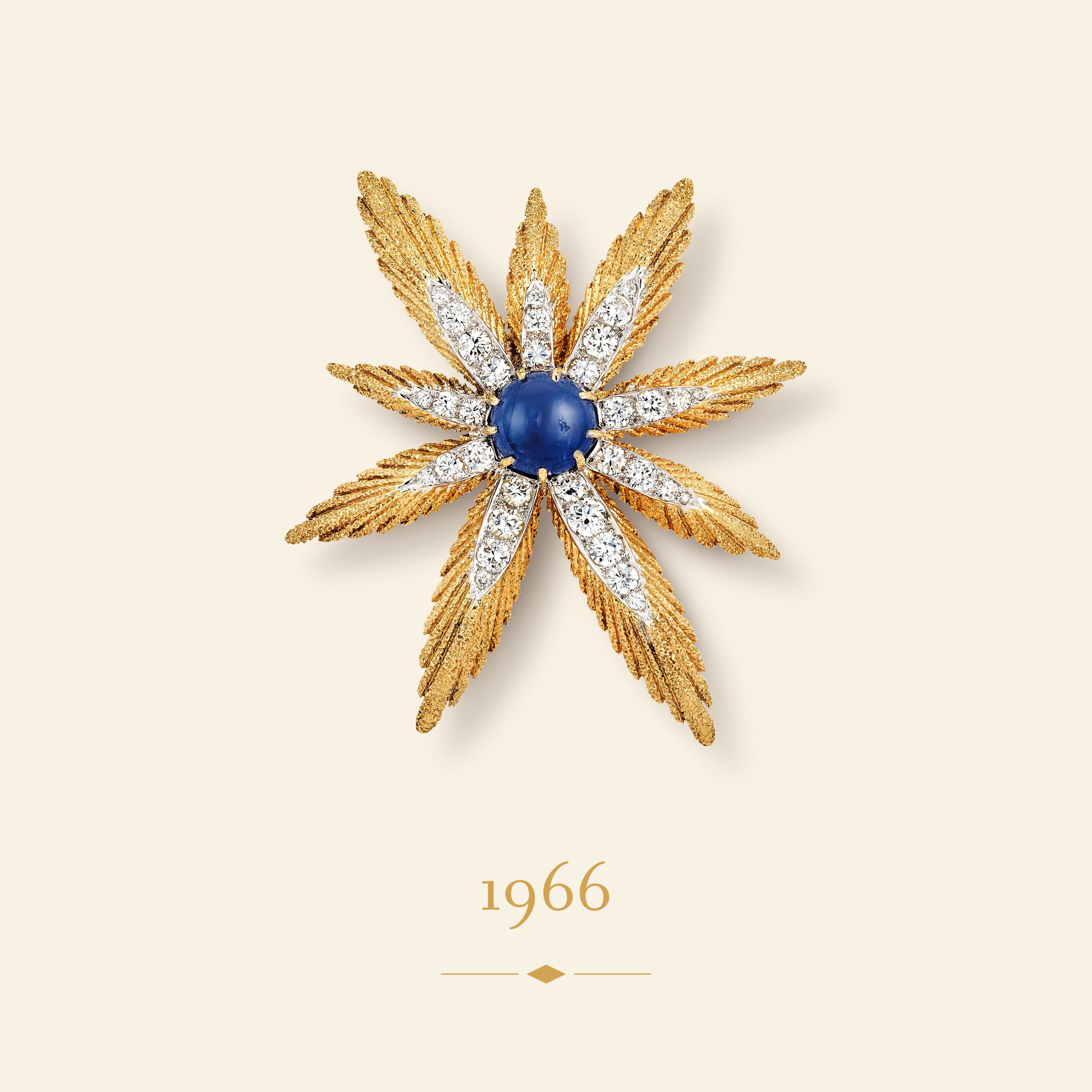 Asterisk clip, 1966​. Yellow gold, platinum, white gold, rose gold, sapphire, diamonds​. Van Cleef & Arpels Collection.