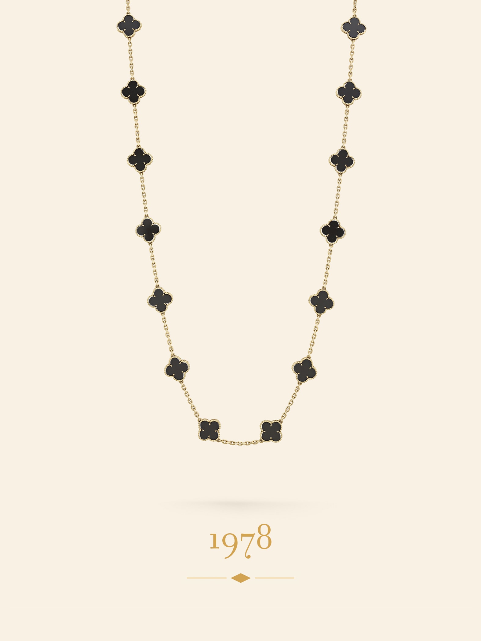 Alhambra long necklace, circa 1978​. 18K yellow gold, onyx​. Van Cleef & Arpels Collection.