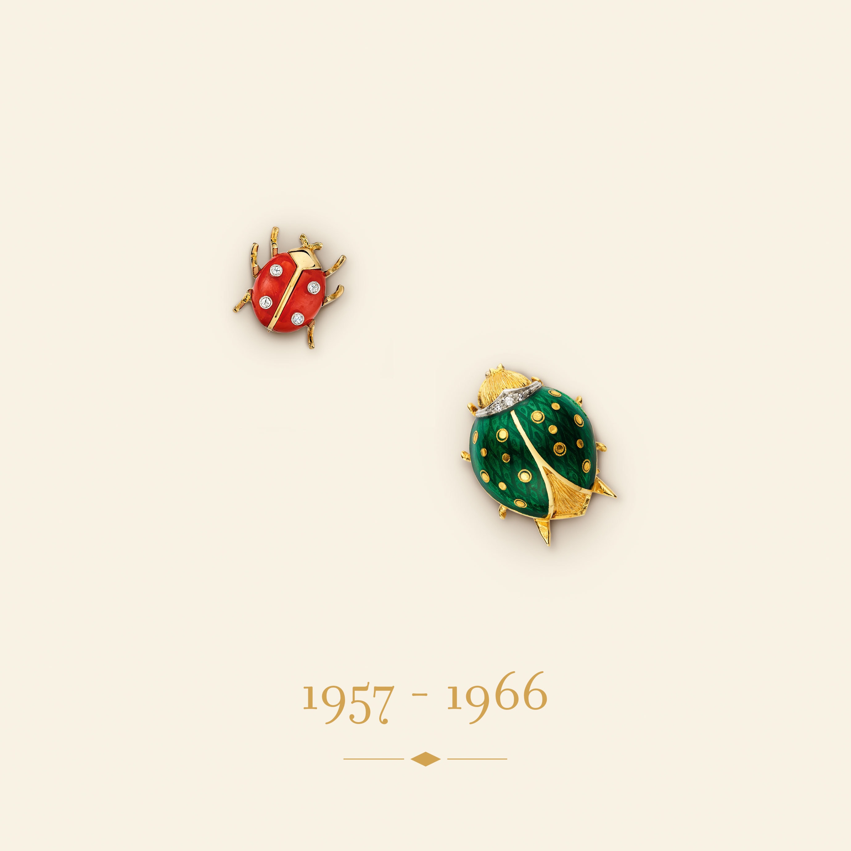 Ladybug clips, 1957​ and 1966. Yellow gold, white gold, platinum, coral, enamel, diamonds​. Van Cleef & Arpels Collection.