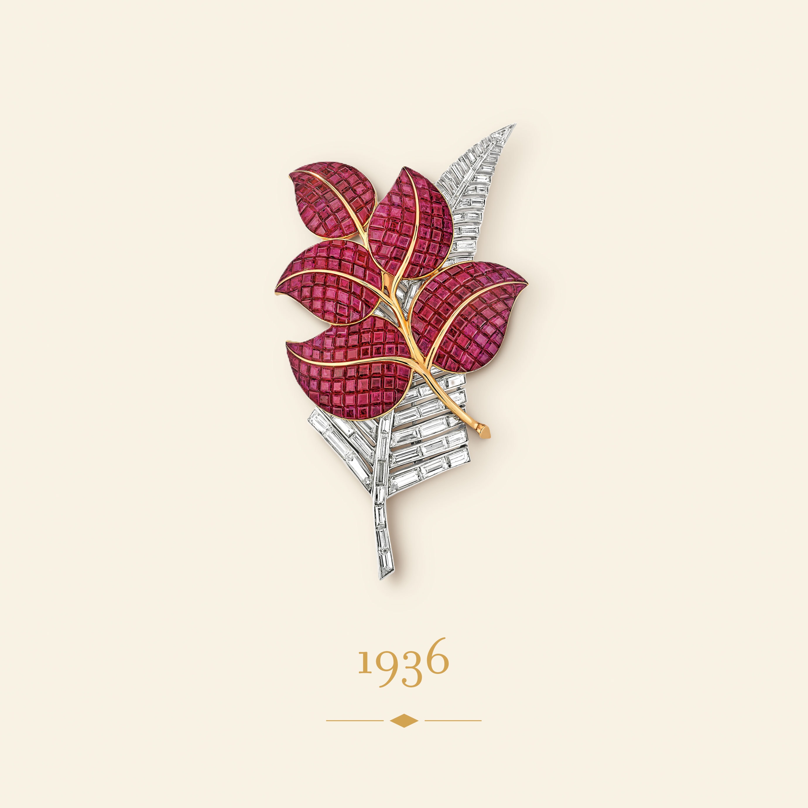 Flower胸针，1936年。铂金，黄K金，白K金，隐密式镶嵌红宝石，钻石。Van Cleef & Arpels梵克雅宝典藏。