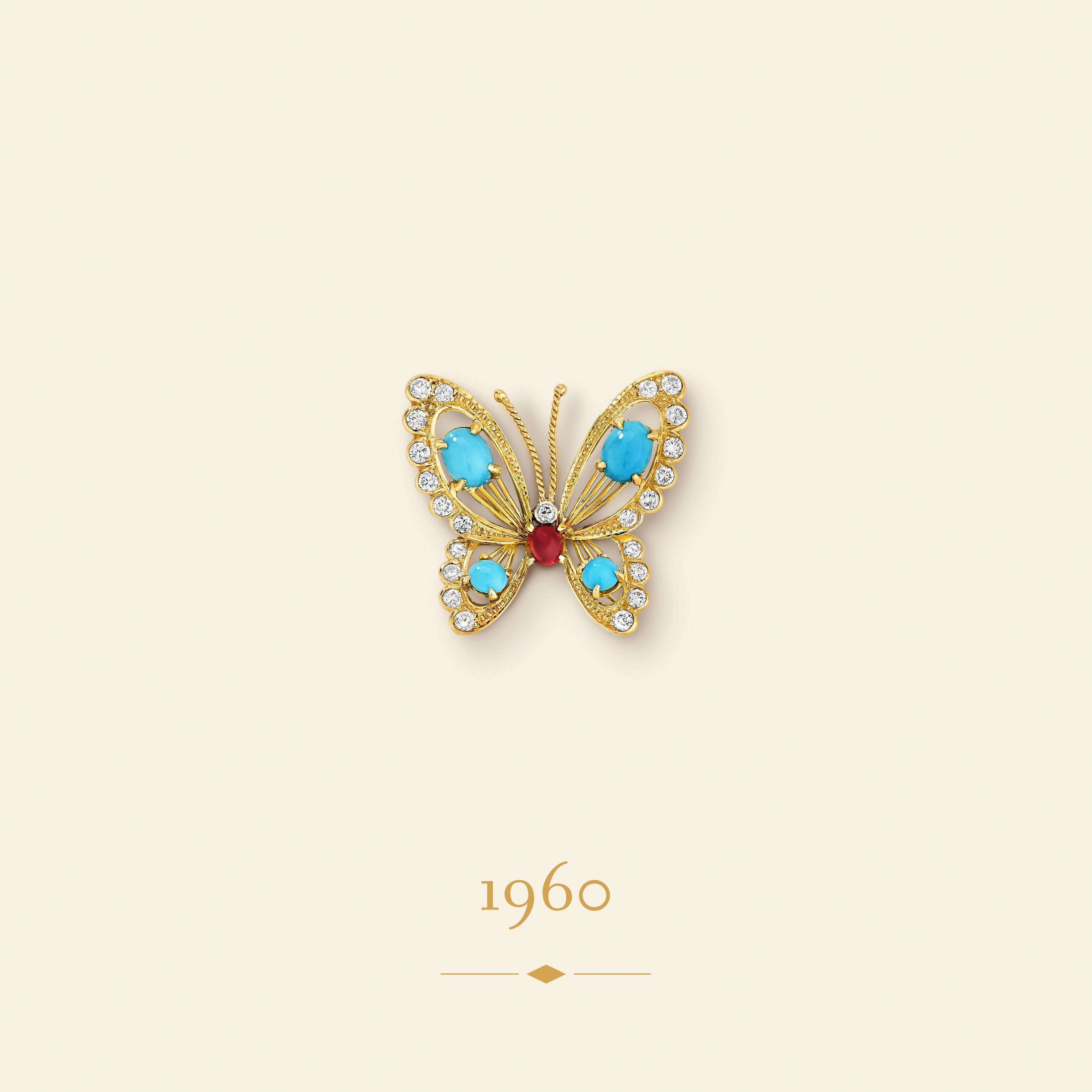 Butterfly胸针，1960年。黄K金，铂金，白K金，玫瑰金，红宝石，绿松石，钻石。Van Cleef & Arpels梵克雅宝典藏。