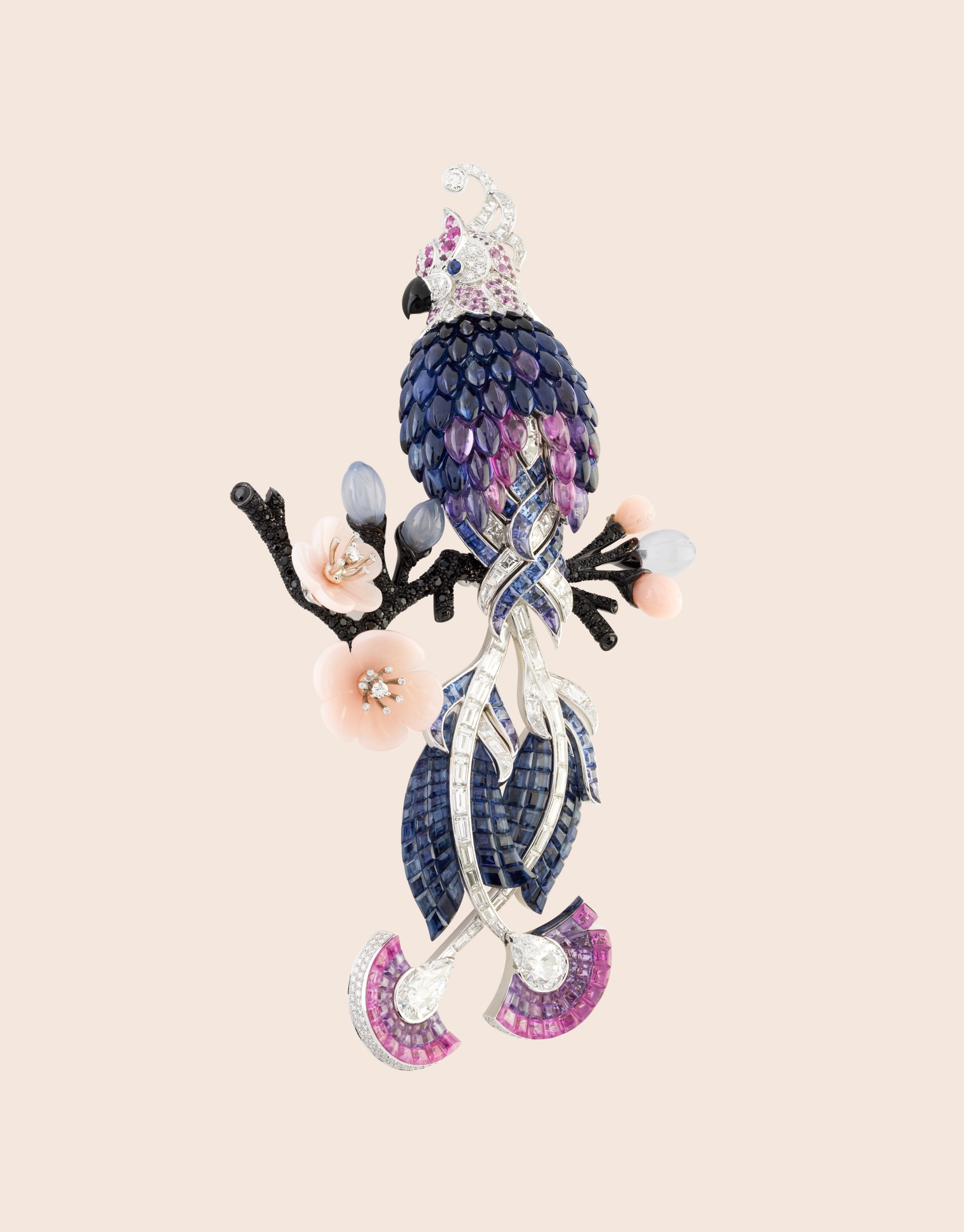 Perroquet胸针。白K金，18K玫瑰金。玫瑰金，蓝宝石，缟玛瑙，玉髓，粉色欧泊，黑色尖晶石，Mystery Set™隐密式镶嵌蓝宝石和顶部抛光榄尖形切割Mystery Set™隐密式镶嵌蓝宝石，钻石。Les Voyages Extraordinaires™系列。