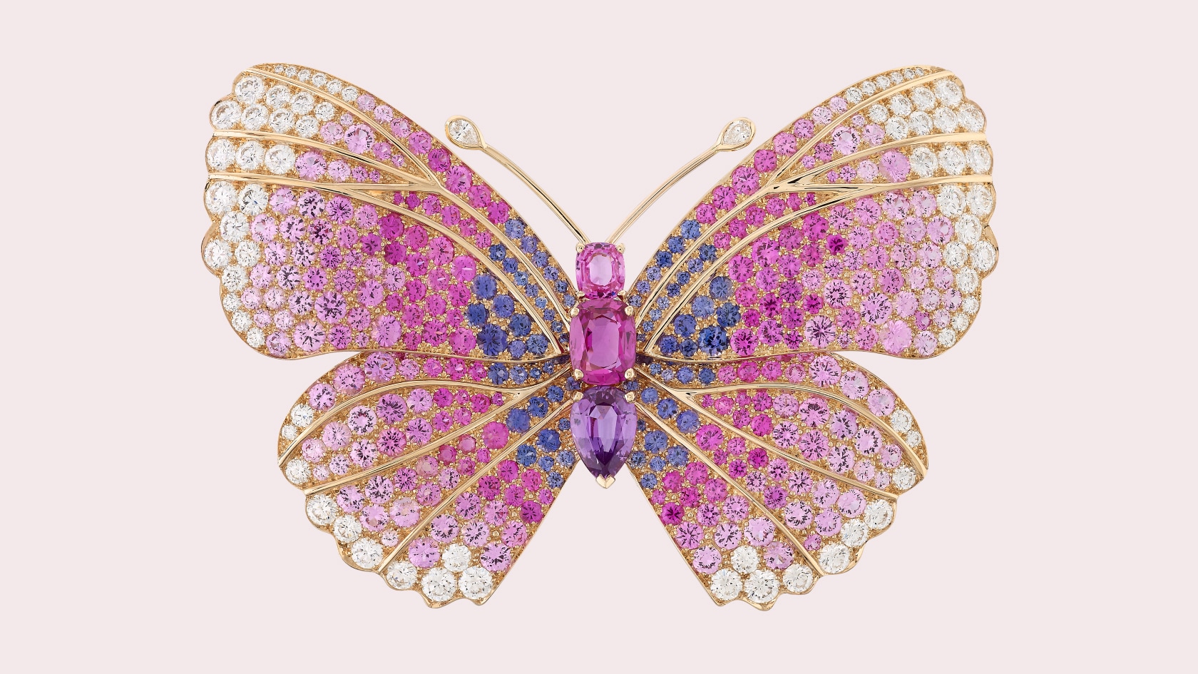 Papillon Tricis clip, Rose gold, round and pear-shaped diamonds, colored round, pear-shaped and cushion-cut sapphires, Butterflies collection, Van Cleef & Arpels