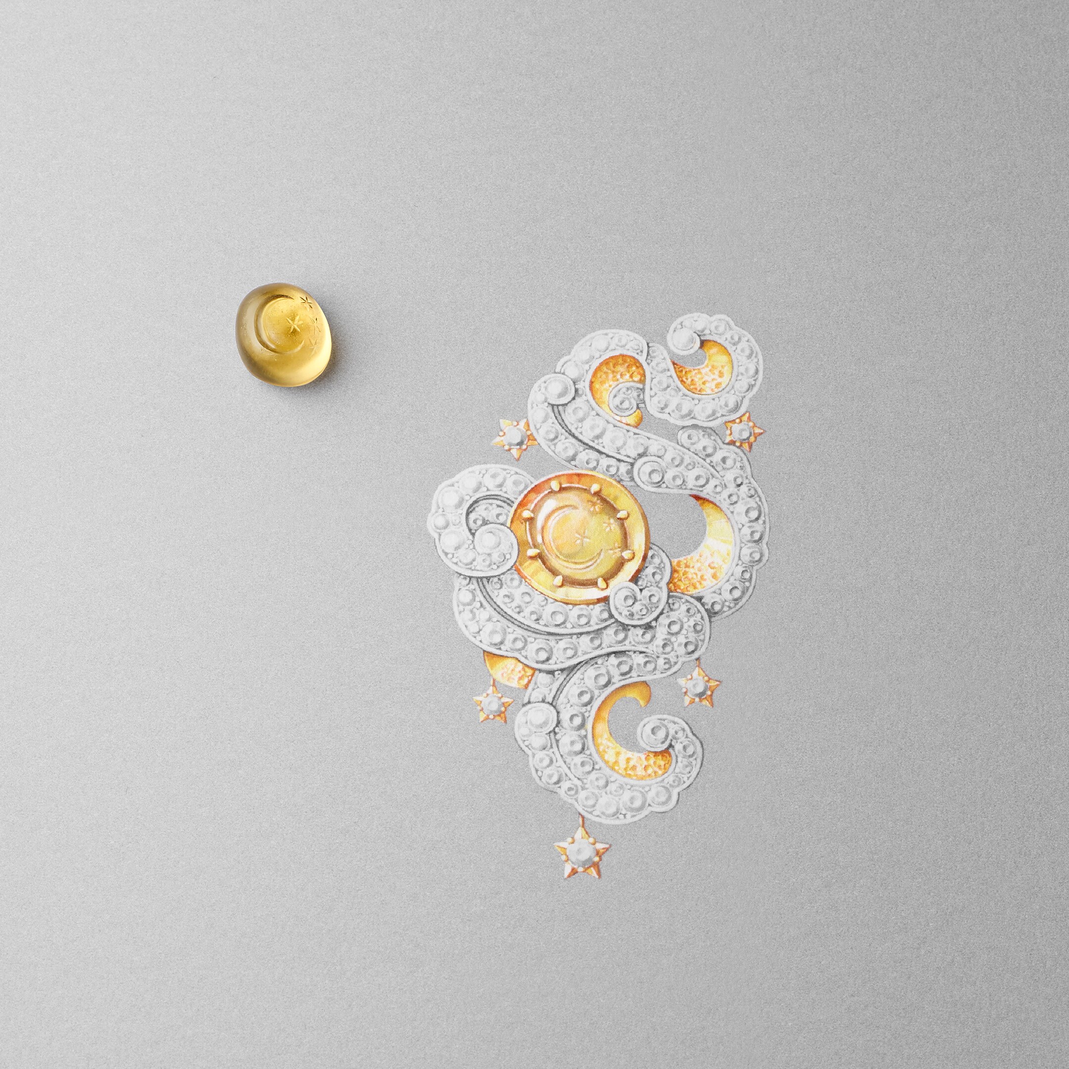 Fresque céleste clip. 18K yellow gold, 18K white gold, one carved cabochon-cut citrine of 8.62 carats, diamonds. Le Grand Tour raconté par Van Cleef & Arpels collection, 2023