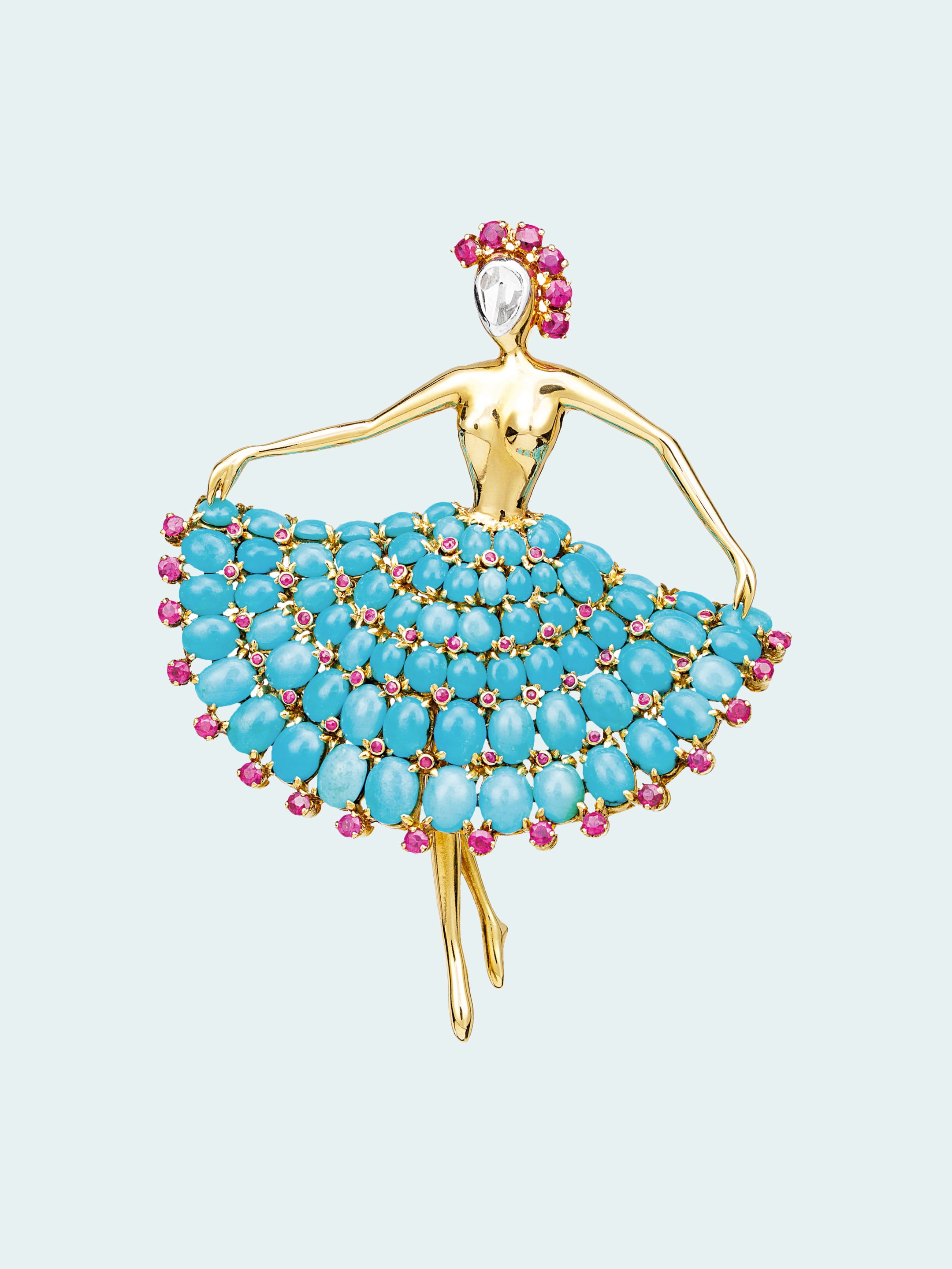 Ballerina clip, 1952 Platinum, yellow gold, turquoises, rubies, diamond, Van Cleef & Arpels Collection