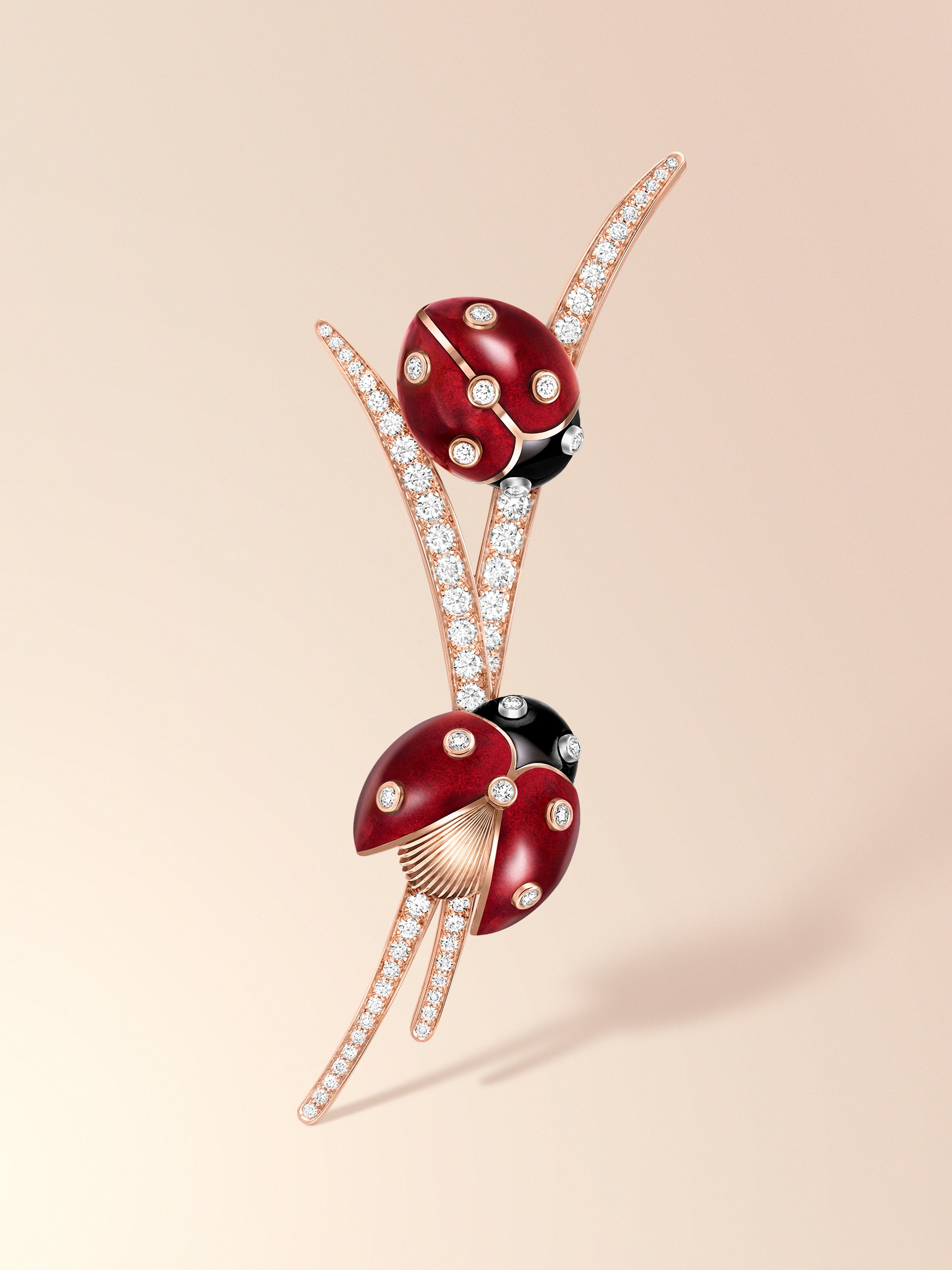 Coccinelles clip, 18K rose gold, rhodium plated 18K white gold, 18K guilloché rose gold, enamel, onyx, diamonds. Van Cleef & Arpels.