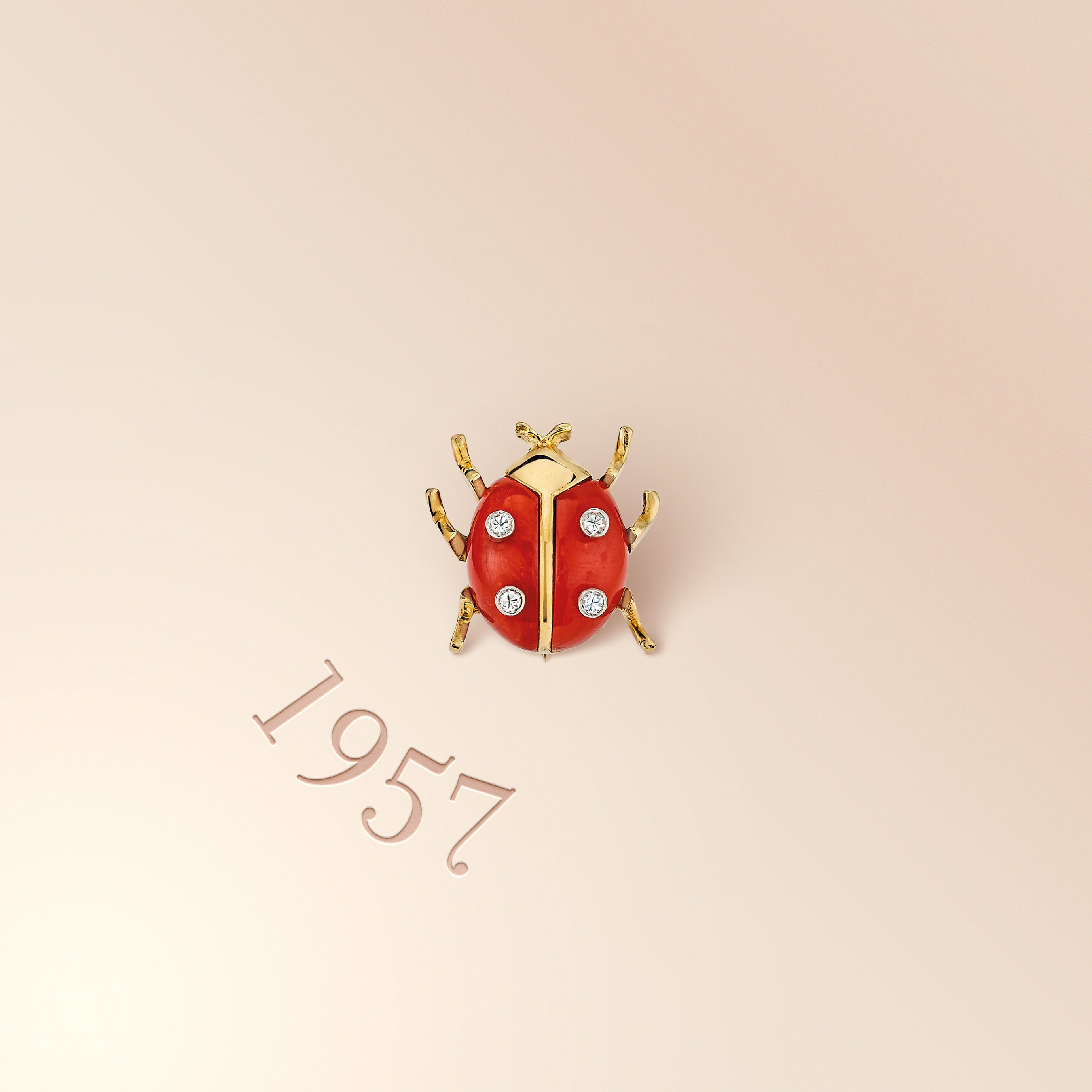 Ladybug clip, 1957. Yellow gold, platinum, coral, diamonds. Van Cleef & Arpels Collection.