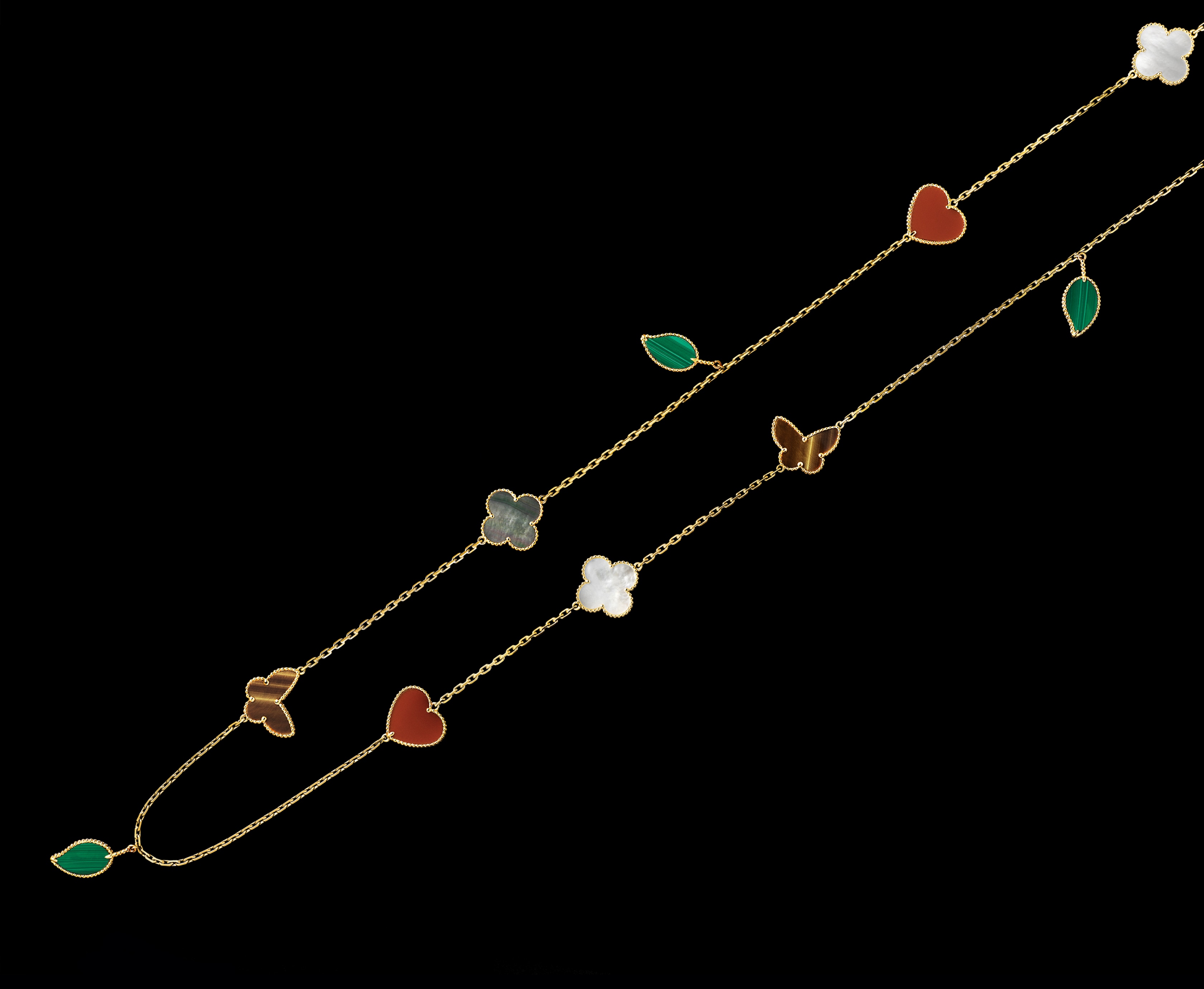 Lucky Alhambra长项链，12枚四叶幸运图案，黄K金，装饰宝石，Van Cleef & Arpels梵克雅宝