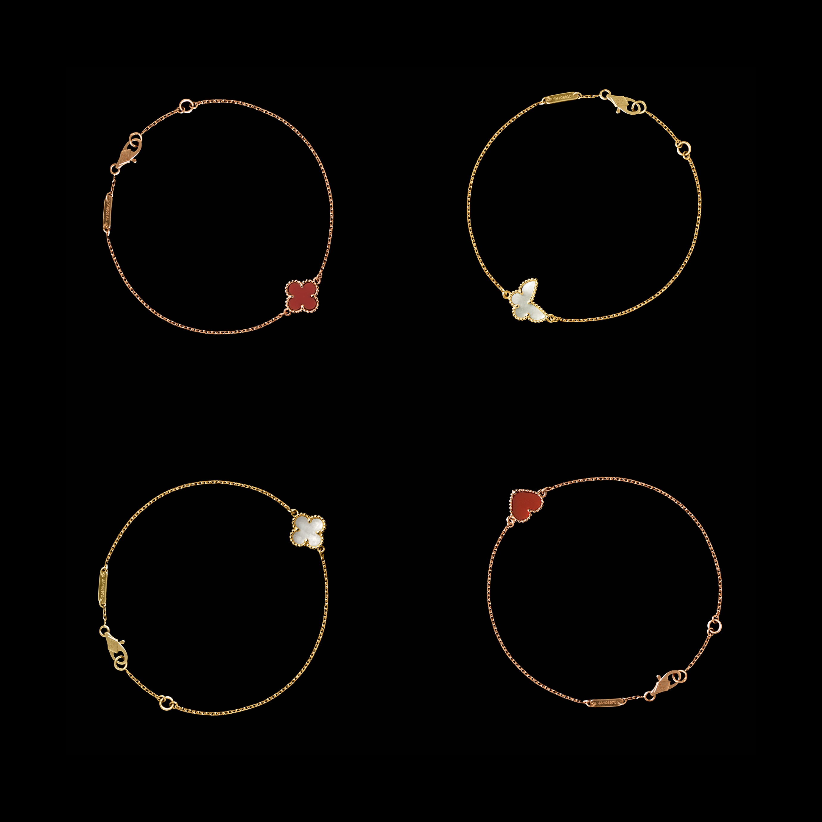 Sweet Alhambra心形手链，Sweet Alhambra手链，玫瑰金，红玉髓，Sweet Alhambra蝴蝶手链，Sweet Alhambra手链，黄K金，白色珍珠母贝，Van Cleef & Arpels梵克雅宝