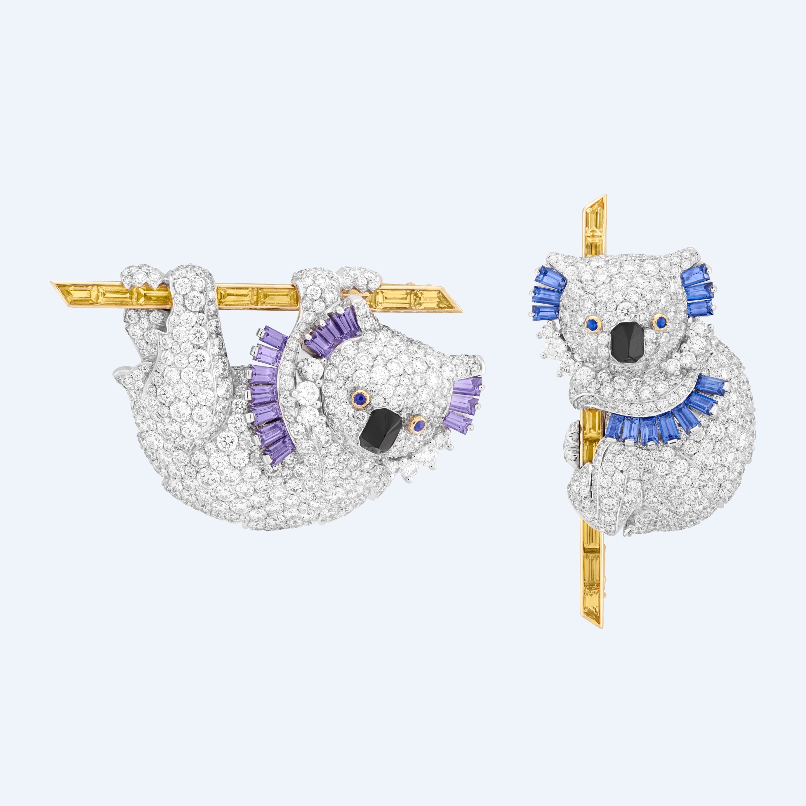 Koalas clips, white gold, colored sapphires, onyx, diamonds