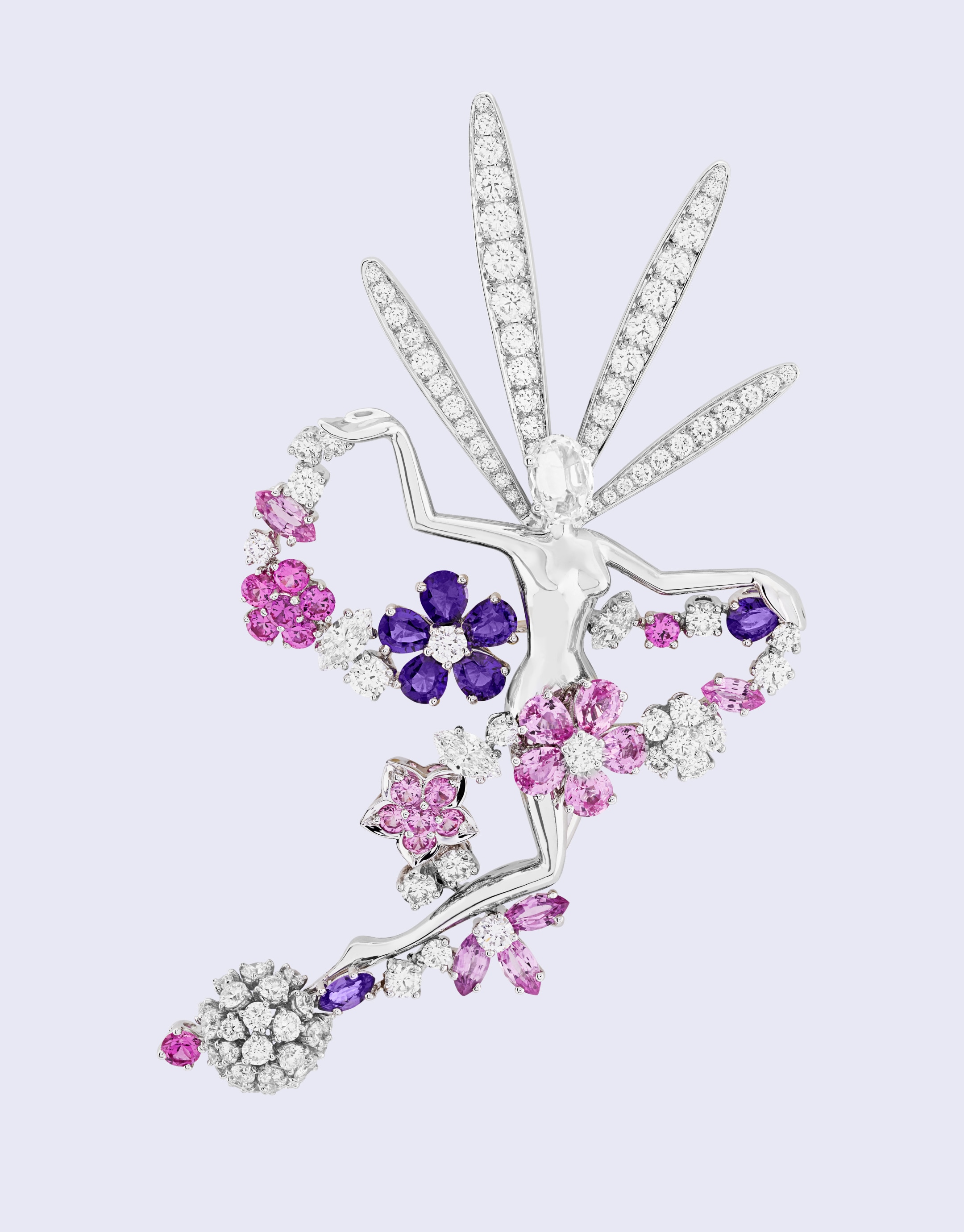 Folie des près fairy clip, White gold, mauve and pink sapphires, diamonds, Feminine Figures collection, Van Cleef & Arpels