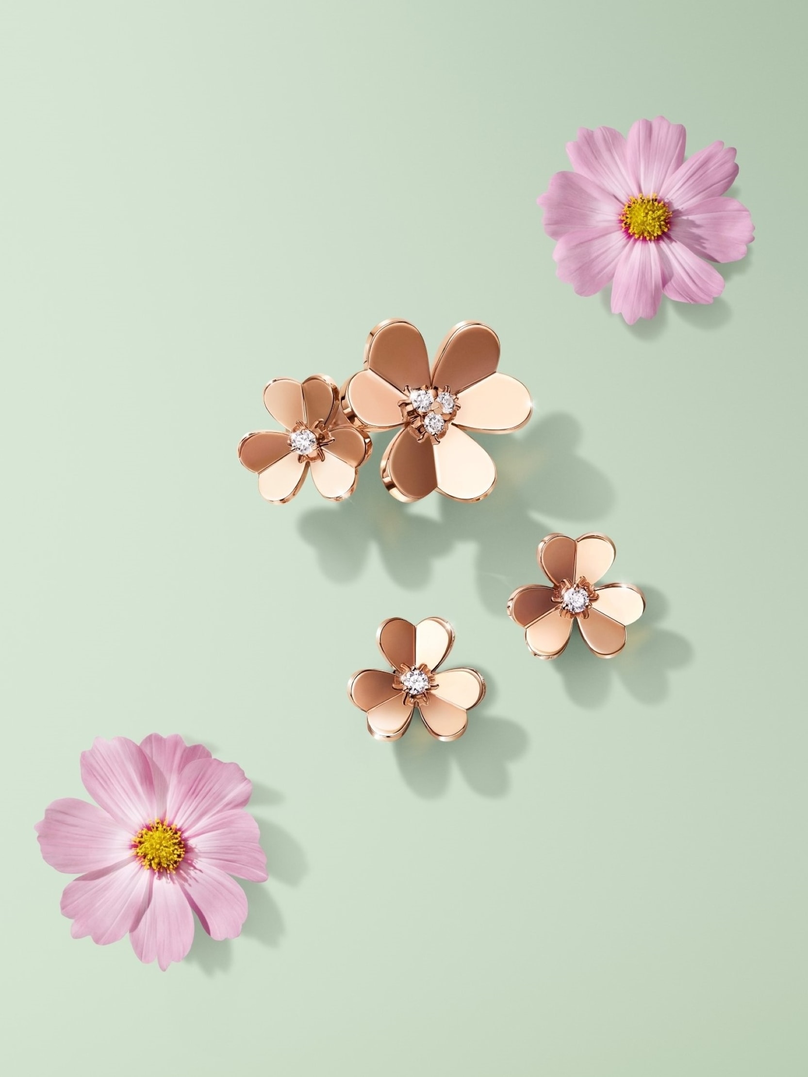 Frivole earrings, small models, 18K rose gold, diamonds. Frivole Between the Finger ring, 18K rose gold, diamonds. Frivole collection, Van Cleef & Arpels.