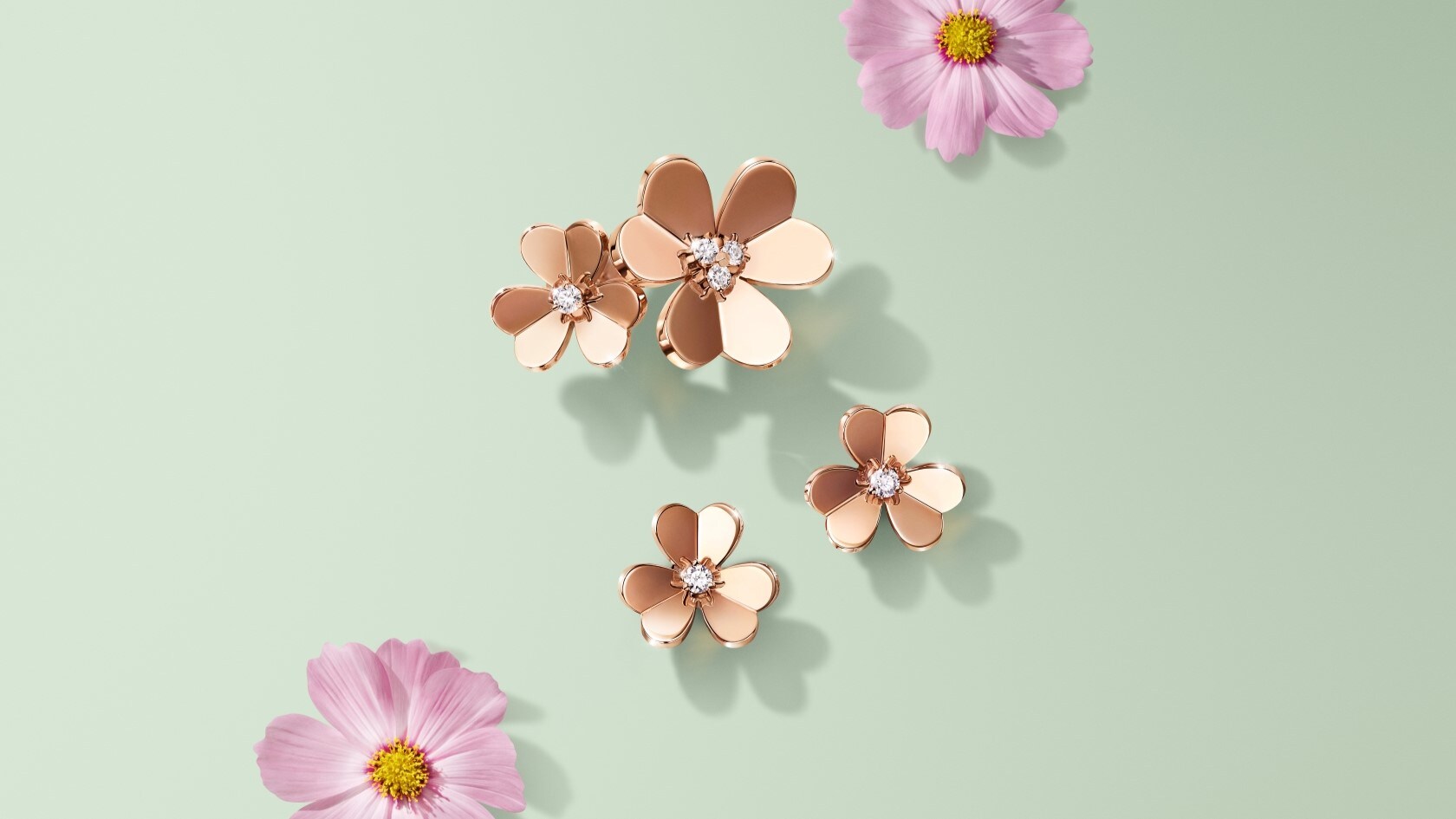 Frivole earrings, small models, 18K rose gold, diamonds. Frivole Between the Finger ring, 18K rose gold, diamonds. Frivole collection, Van Cleef & Arpels.