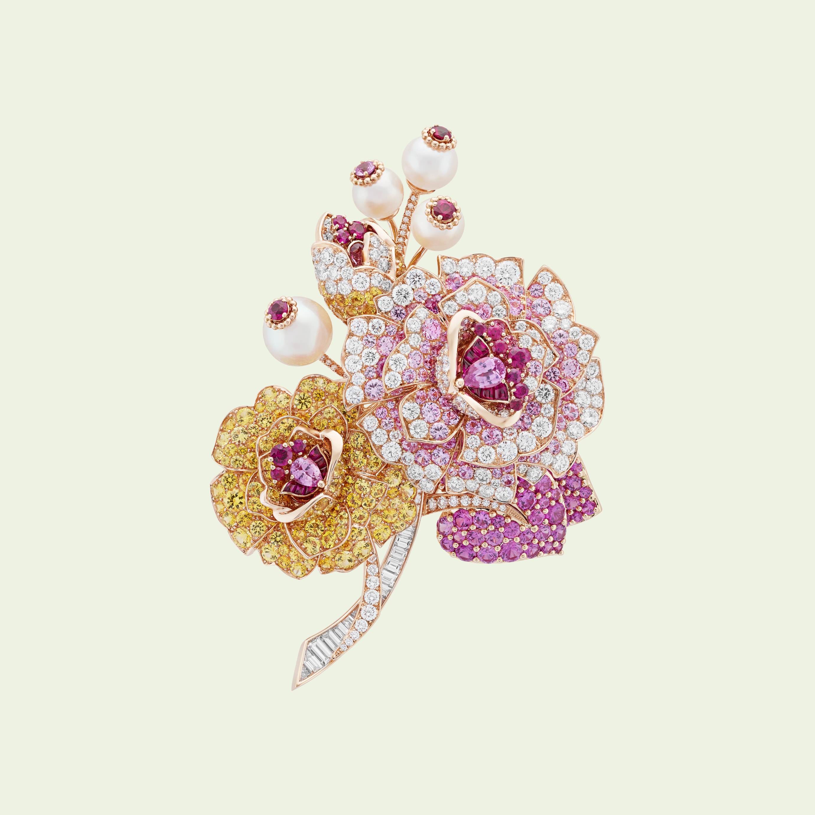 Pensées clip, Rose gold, pink and yellow sapphires, rubies, white cultured pearls, diamonds, Flowers collection, Van Cleef & Arpels