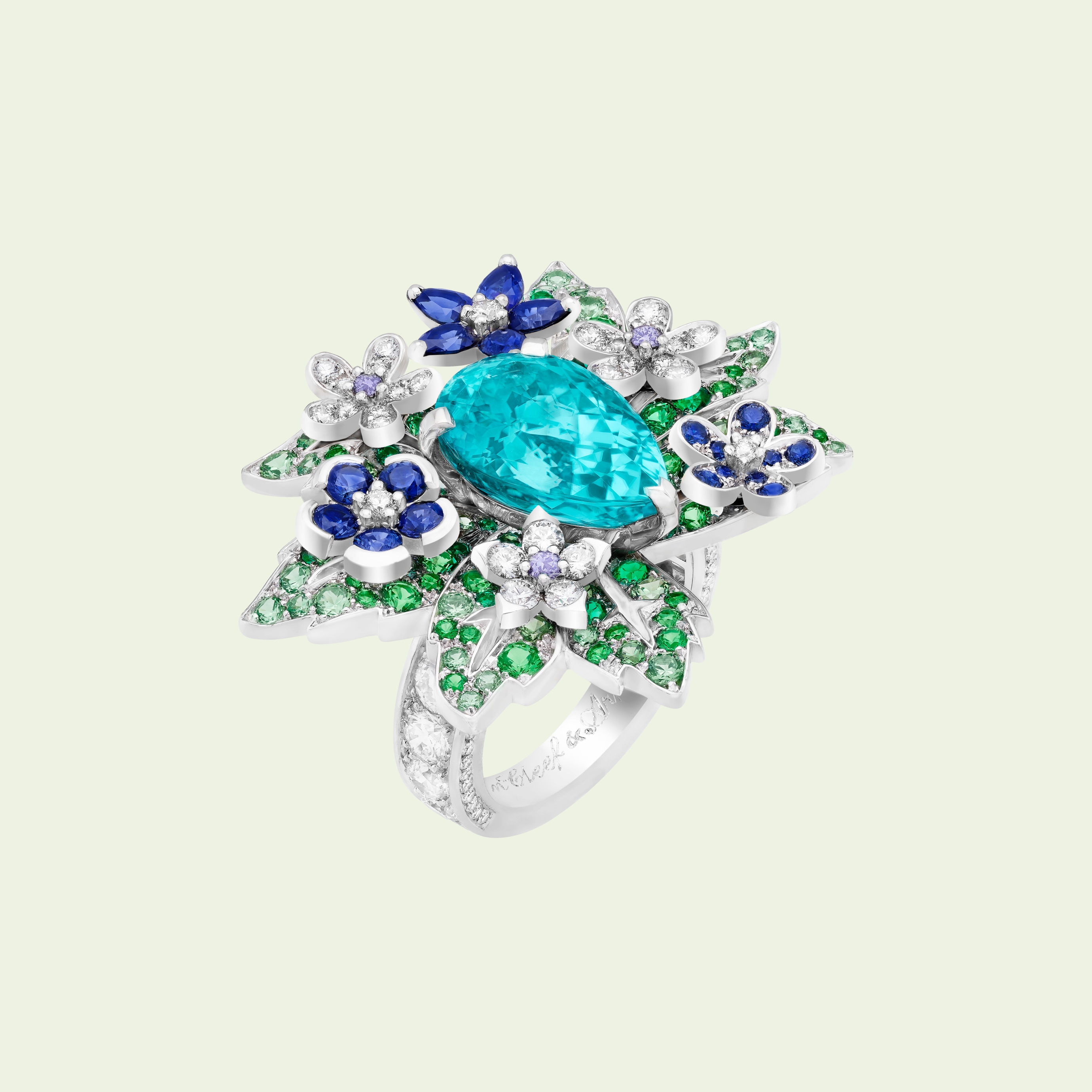 Hysope ring, White gold, one pear-shaped blue-green tourmaline of 5.61 carats, blue and mauve sapphires, emeralds, tsavorite garnets, diamonds, Flowers collection, Van Cleef & Arpels