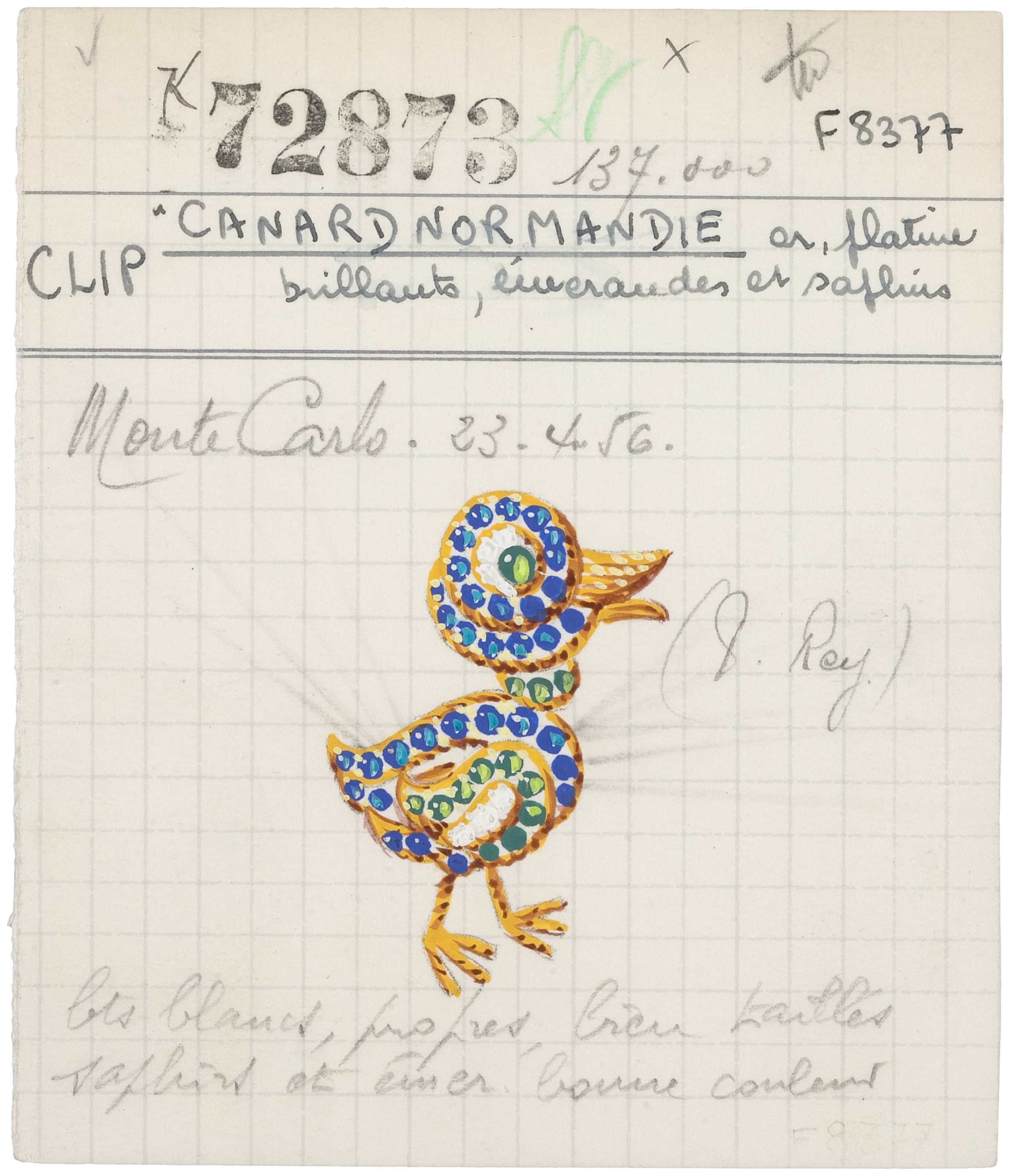 Duck胸针作品卡，1955年，Van Cleef & Arpels梵克雅宝档案