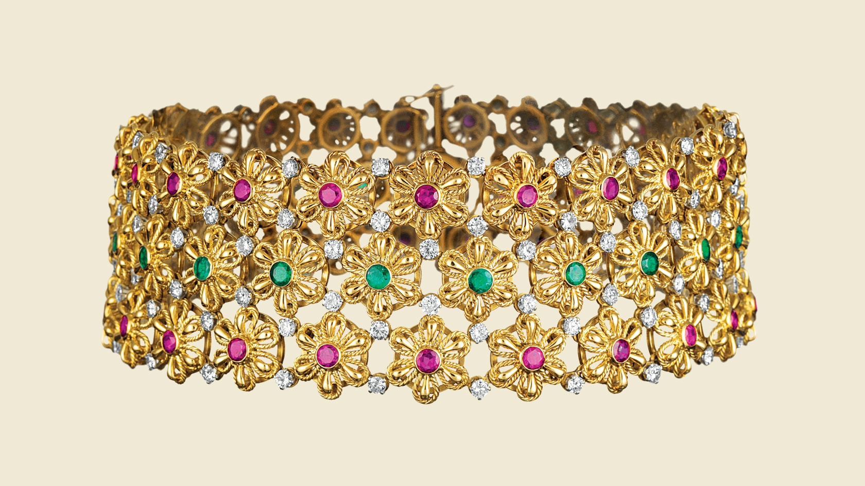 Indian embroidery choker, 1950, platinum, yellow gold, rubues, emeralds, diamonds. Van Cleef & Arpels Collection.