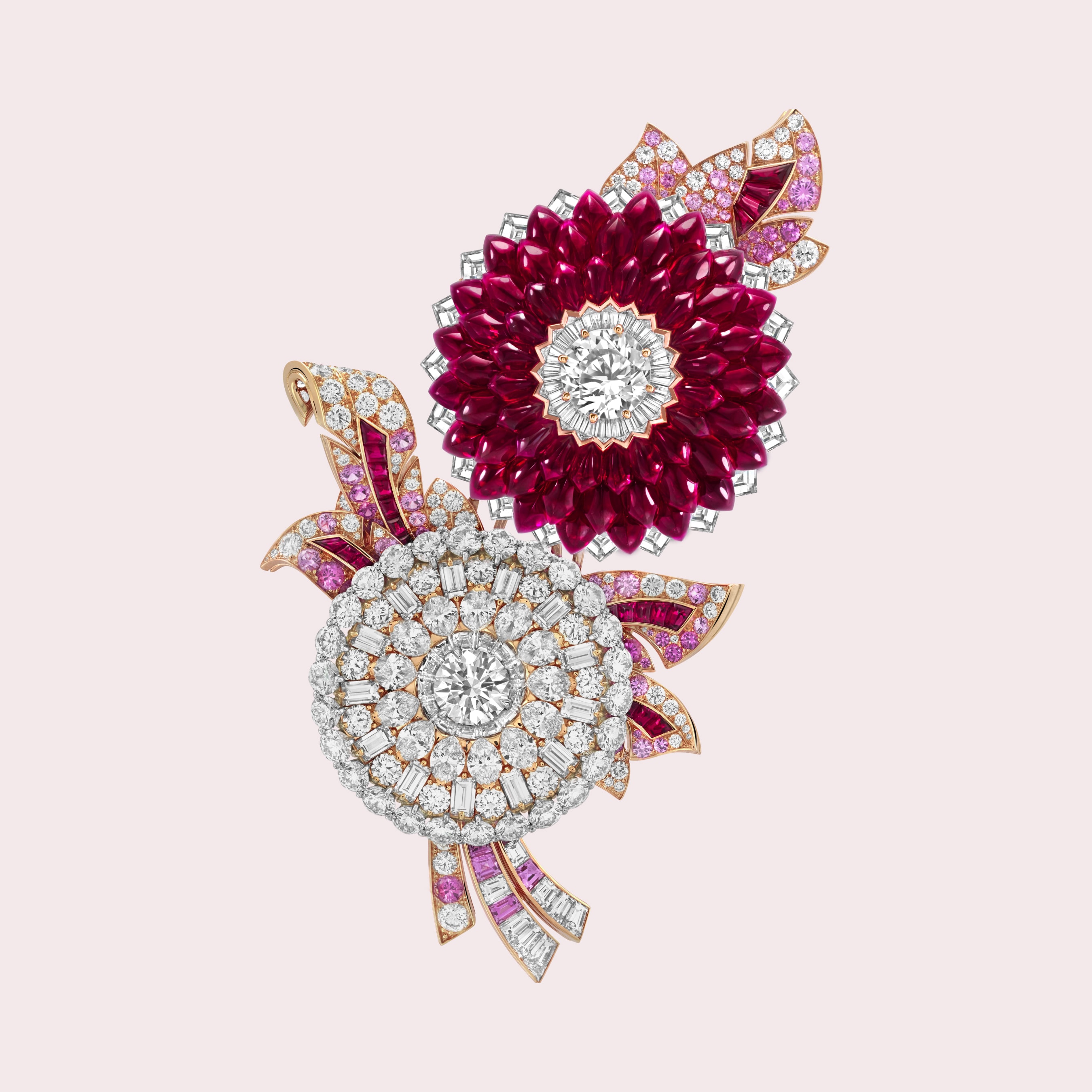 Italian rose transformable clip, white gold, rose gold, Navette Mystery Set™ buff-topped rubies, pink sapphires, rubies, diamonds. Romeo & Juliet High Jewelry collection, Van Cleef & Arpels.
