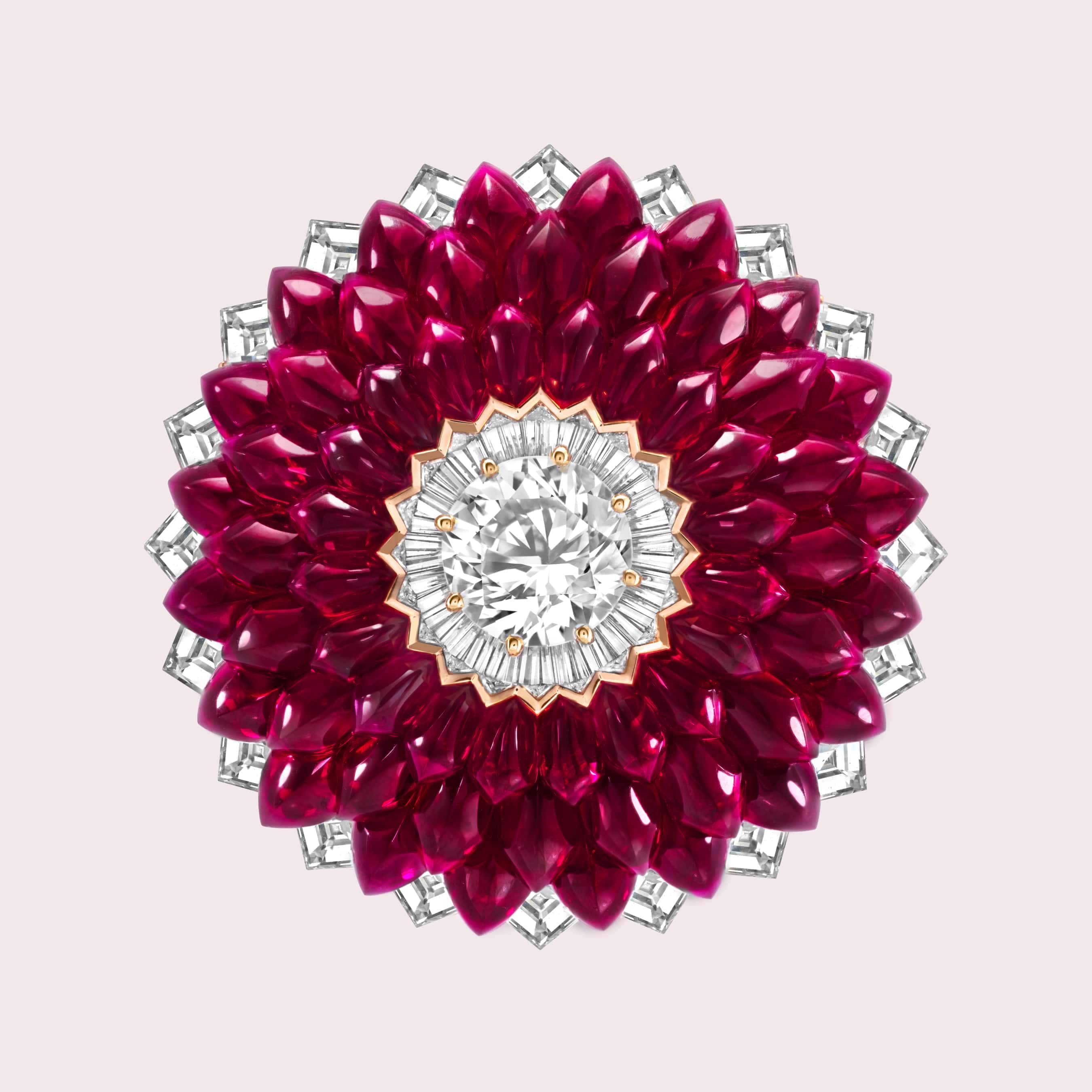 View of the Navette Mystery Set™ buff-topped rubies rose worn as a clip. Italian rose transformable clip, Romeo & Juliet High Jewelry collection, Van Cleef & Arpels.