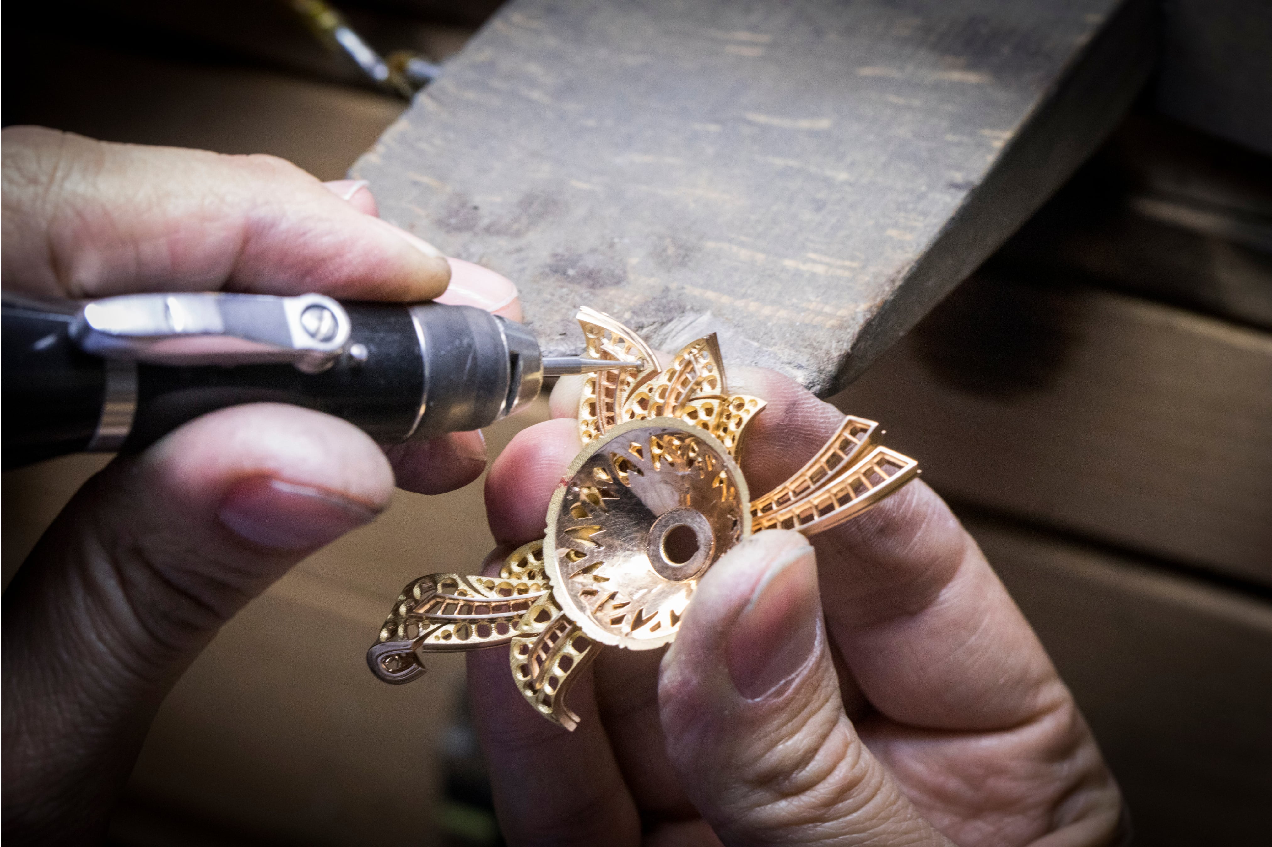 Jewelry work, preparing the openwork,  Italian rose transformable clip, Van Cleef & Arpels