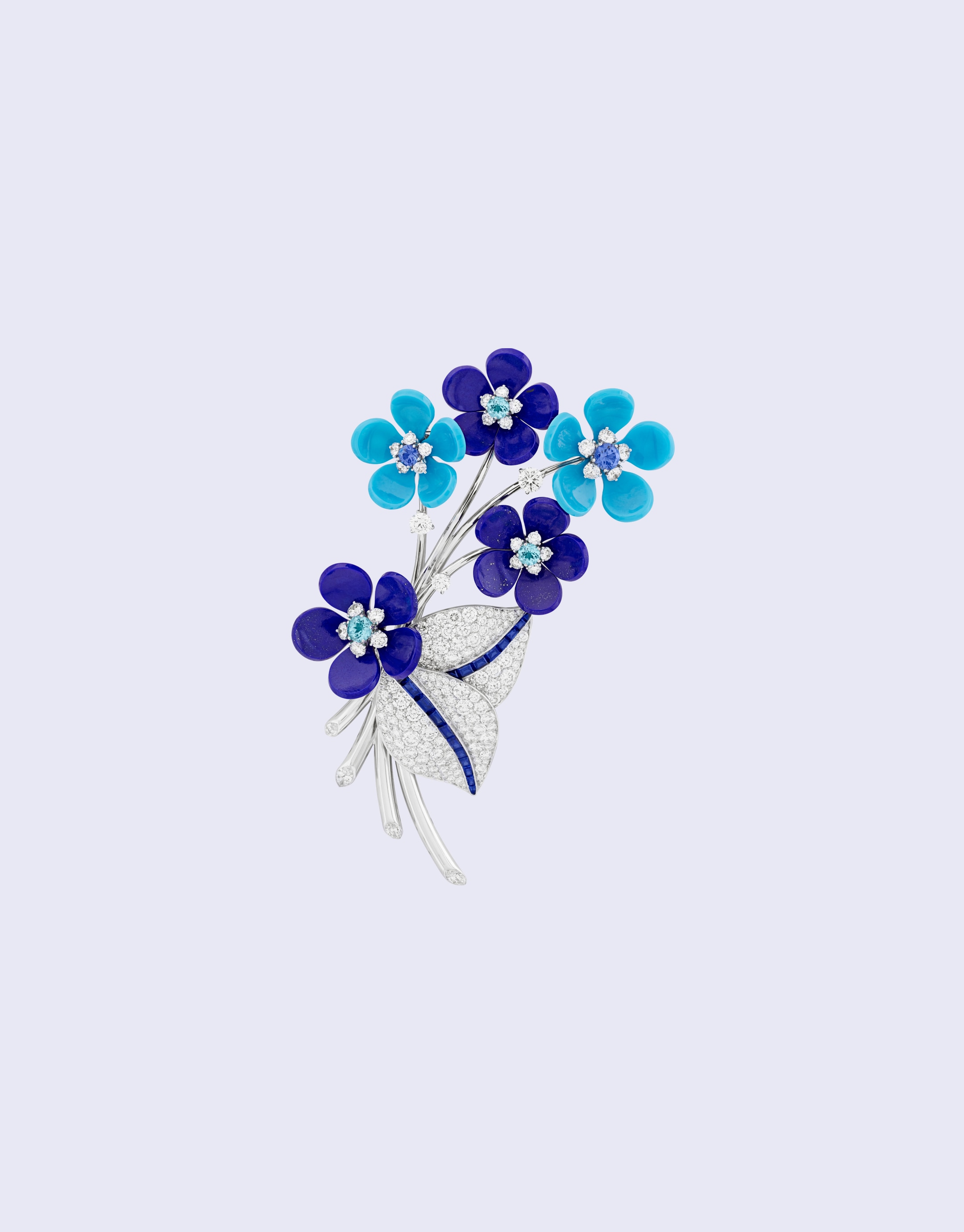 Bouquet de lapis-lazuli胸针，白K金，蓝宝石，绿色碧玺，青金石，绿松石，钻石，Flowers系列，Van Cleef & Arpels梵克雅宝