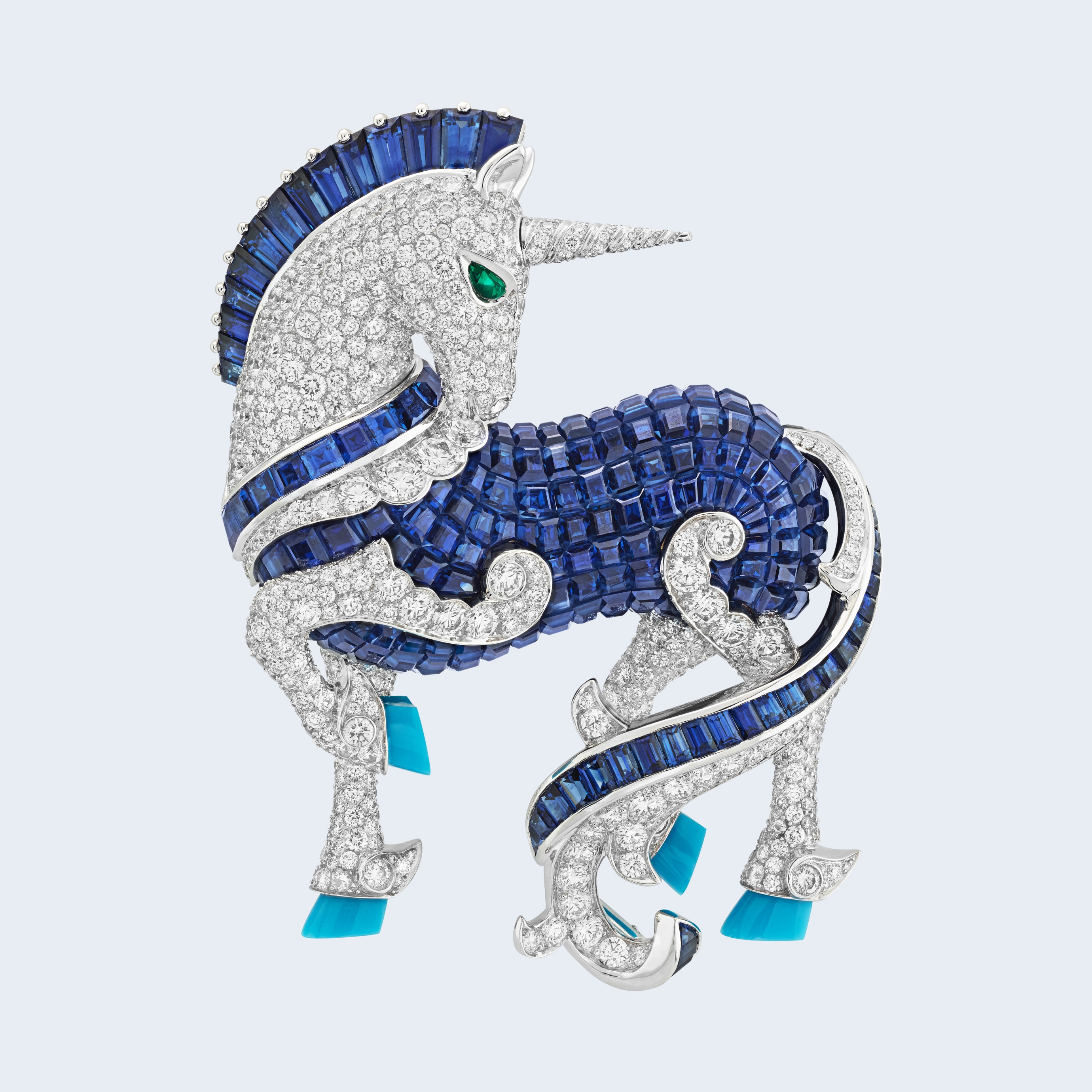 Licorne胸针,白K金,玫瑰金,传统隐密式镶嵌蓝宝石,祖母绿,蓝宝石,绿松石,钻石,L'Arche de Noé raconté par Van Cleef & Arpels系列