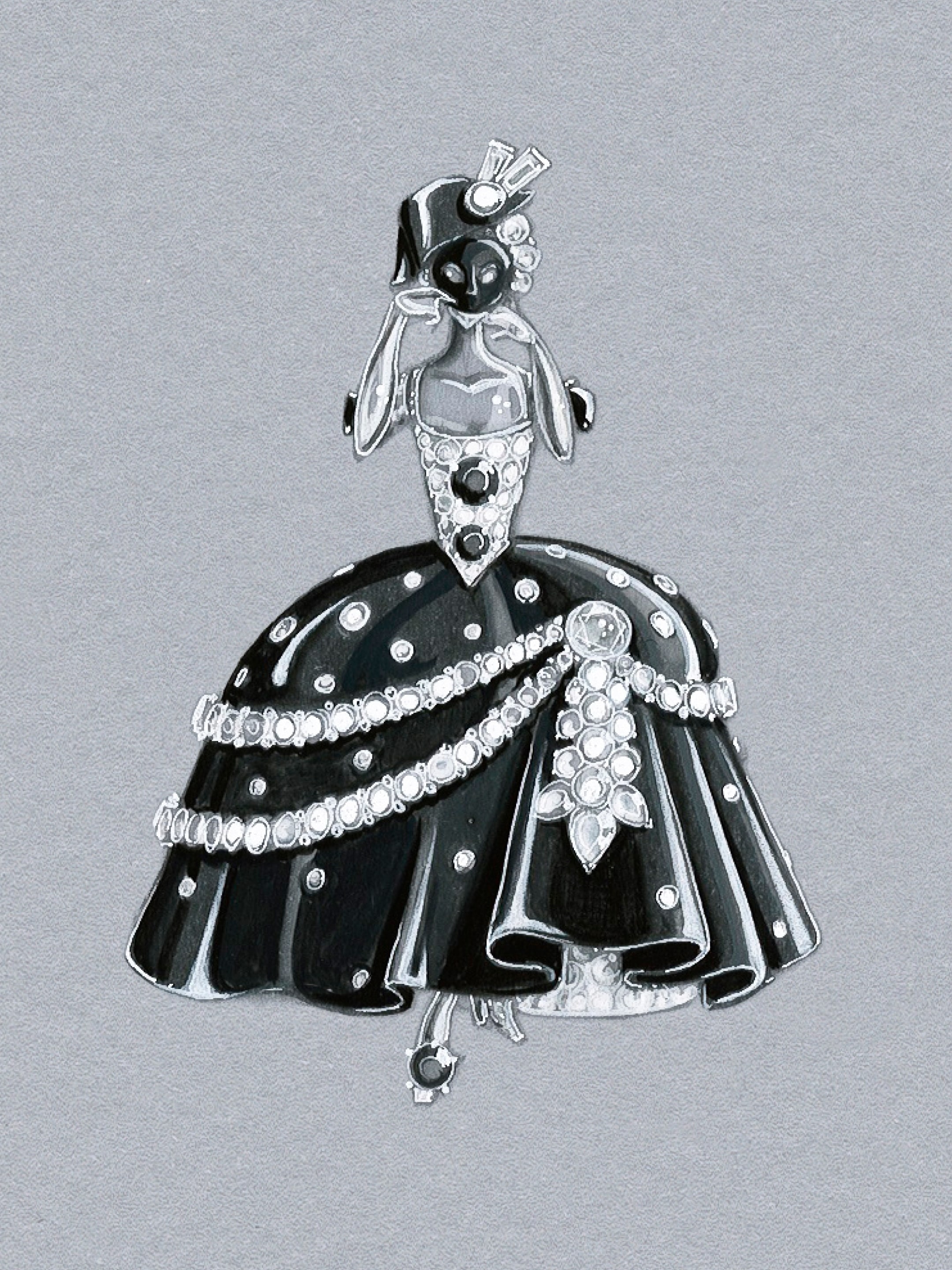 Drawing of the Dame masquée clip, Le Secret collection, Van Cleef & Arpels