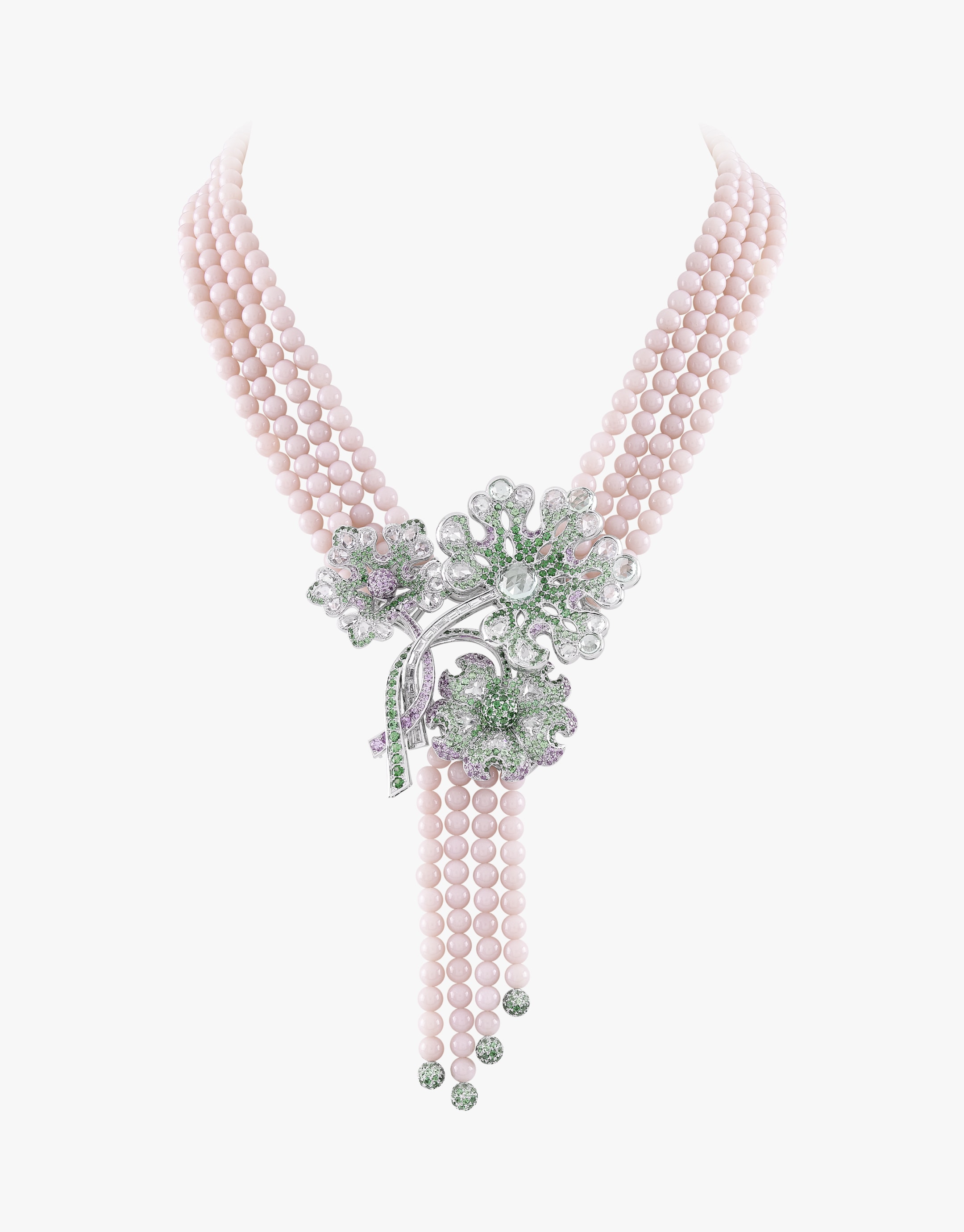Etna necklace, White gold, pink opal beads, tourmalines, tsavorite garnets, colored sapphires, diamonds, Les Voyages extraodinaires collection, Van Cleef & Arpels