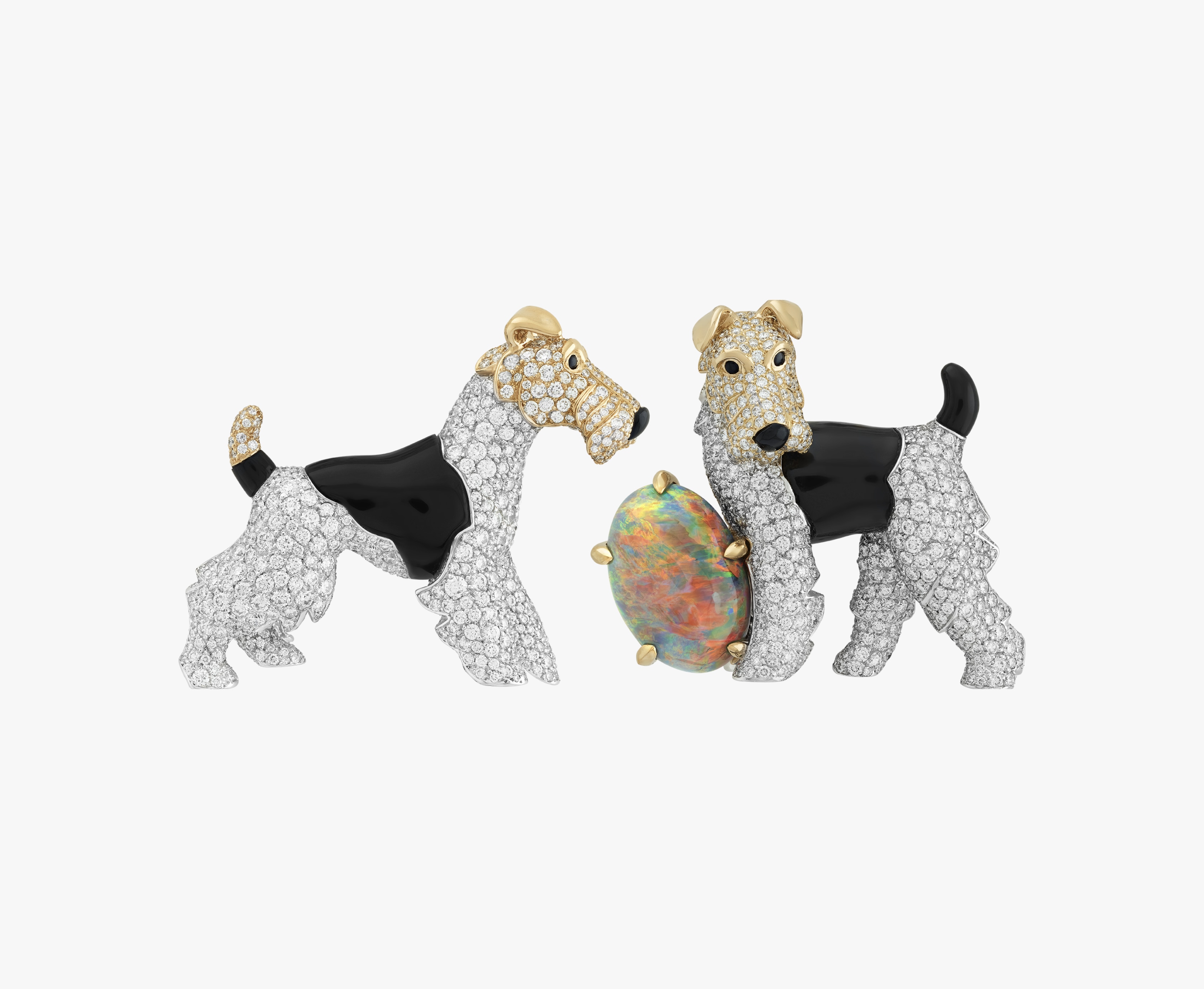 Fox-terriers clips, White gold, yellow gold, one cabochon-cut black opal of 13.78 carats, black spinels, onyx, diamonds, Noah’s Ark as told by Van Cleef & Arpels collection
