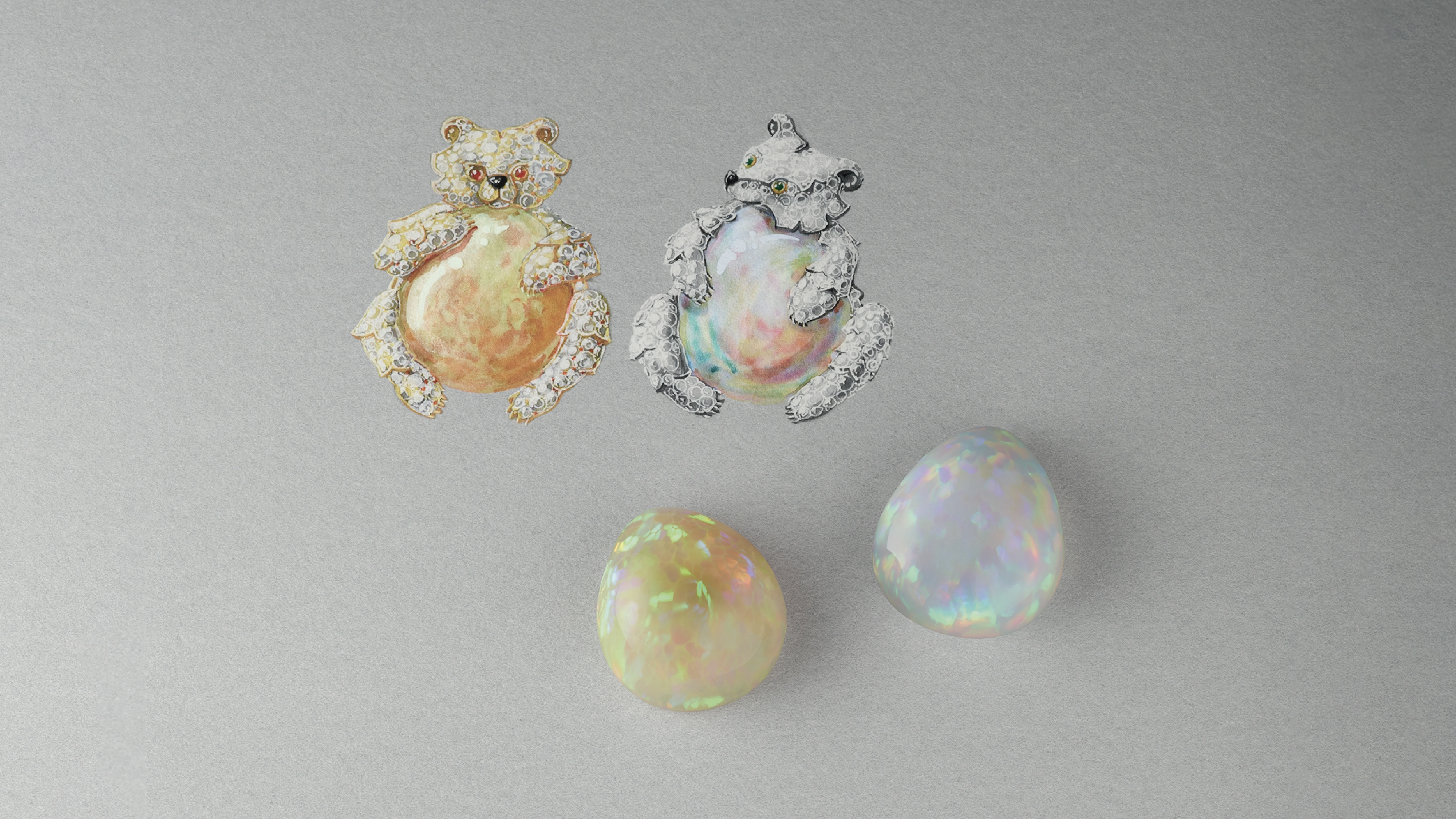 Two cabochon-cut opals for 87.94 carats, shown on the gouaché design of the Ours Opales clips, Van Cleef & Arpels
