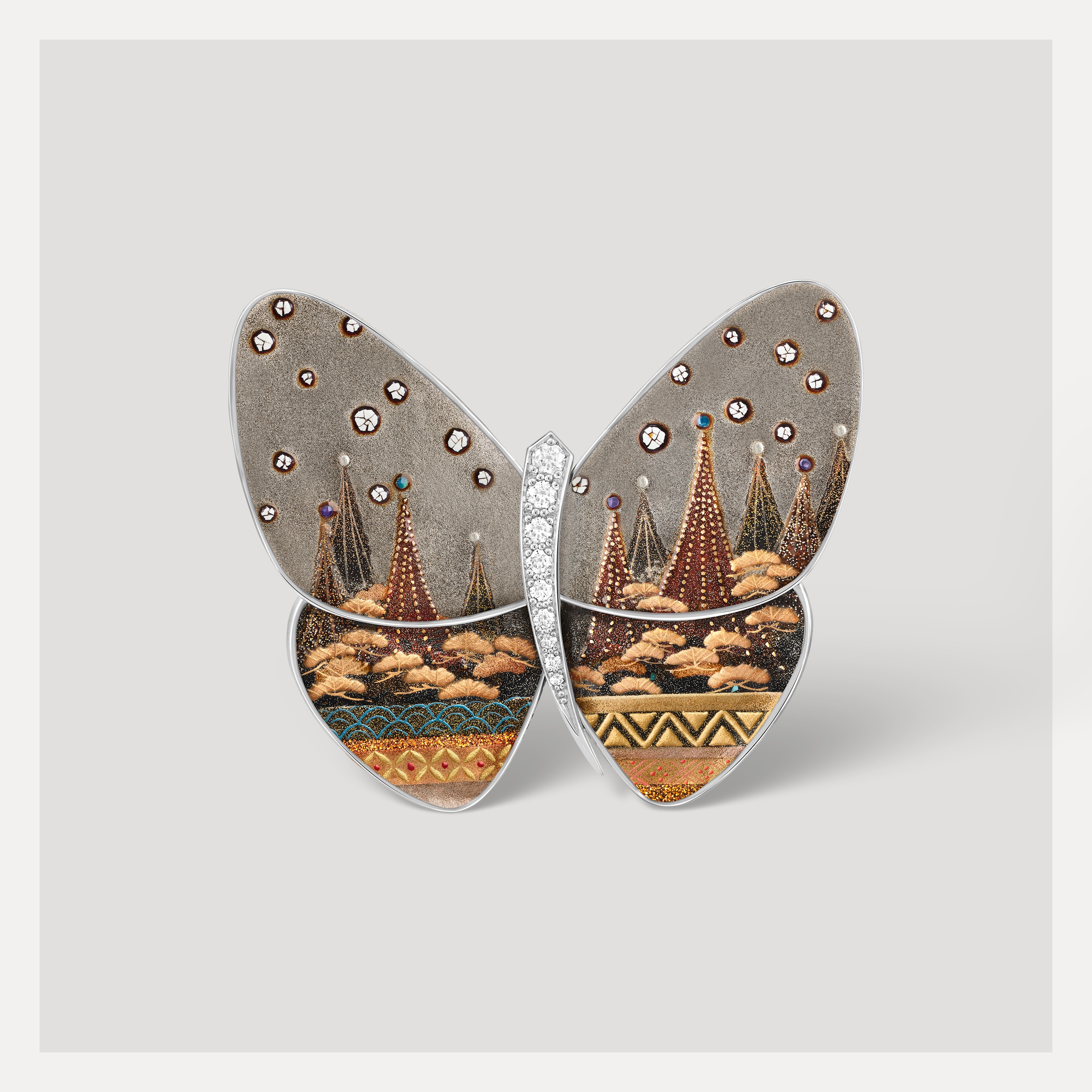 Lacquered Butterfly Yukizuri AP胸针,镀铑18K白金,灰色珍珠母贝, 漆面,钻石, Van Cleef & Arpels梵克雅宝.
