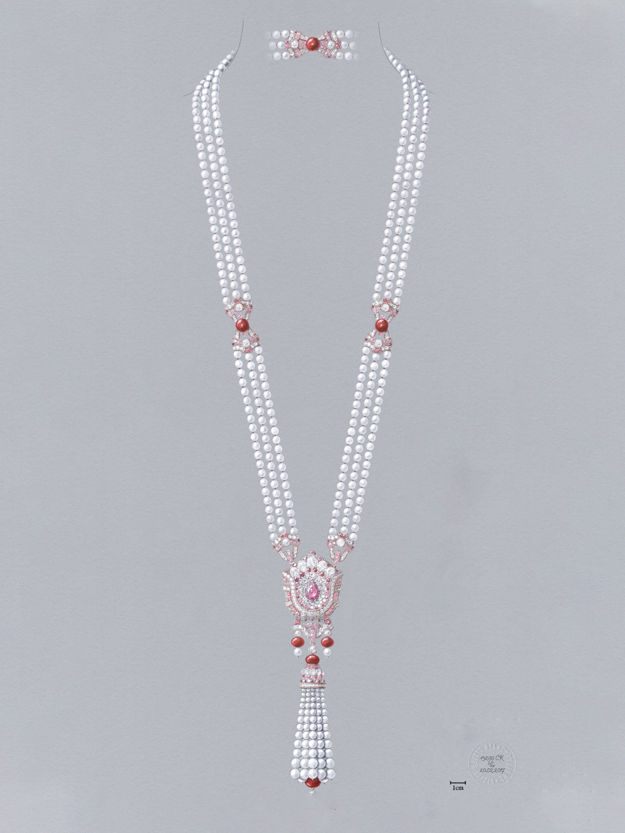 Cachette长项链及可拆式戒指水粉画设计图,白K金,玫瑰金,一颗4.14克拉的梨形粉红色蓝宝石(产地:马达加斯加),一颗2.33克拉的枕形切割红宝石(产地:缅甸),粉红色蓝宝石,珊瑚,白色养殖珍珠,钻石,Le Secret系列,Van Cleef & Arpels梵克雅宝