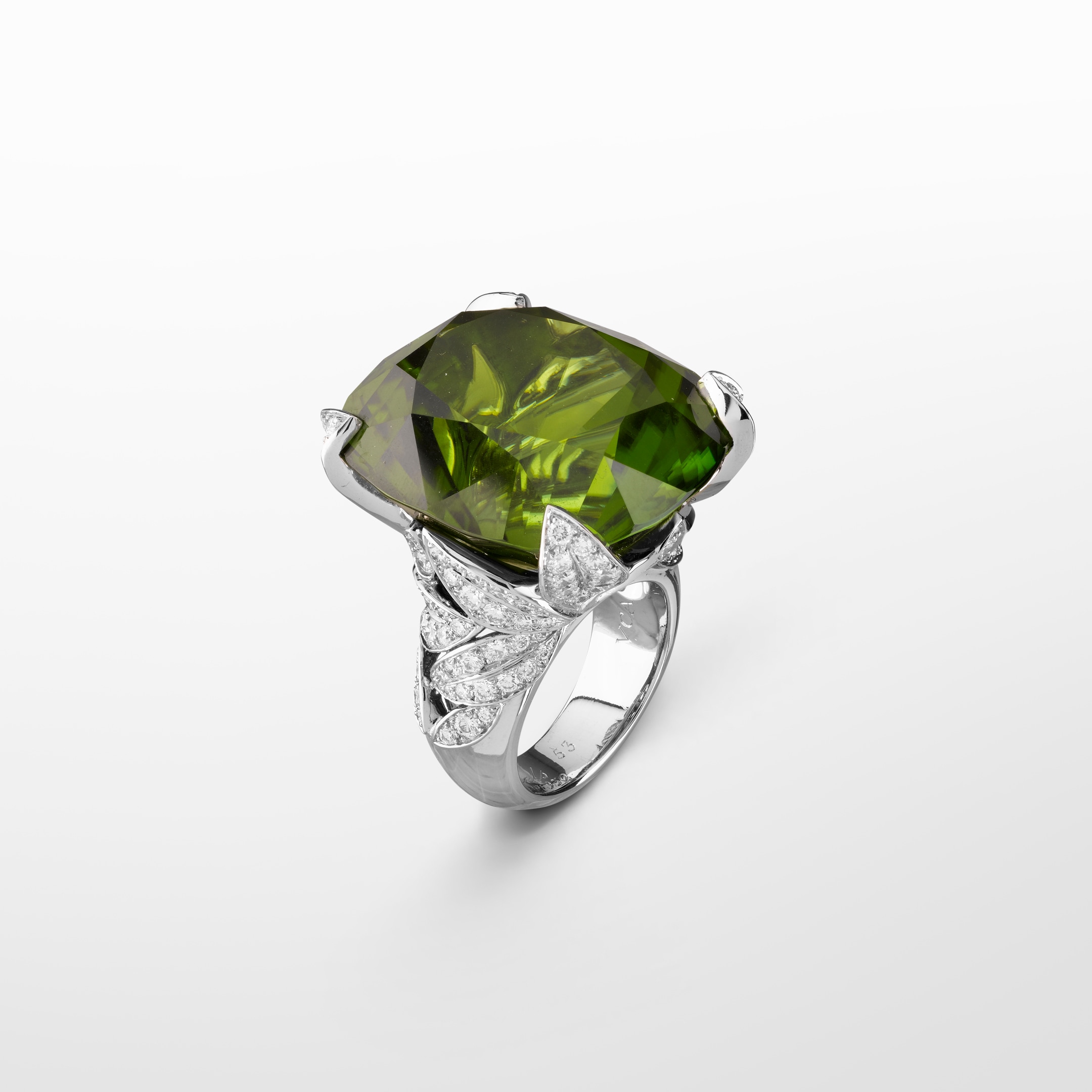 Arbre aux Songes ring. Platinum, round diamonds, one cushion-cut peridot of 75.44 cts.
